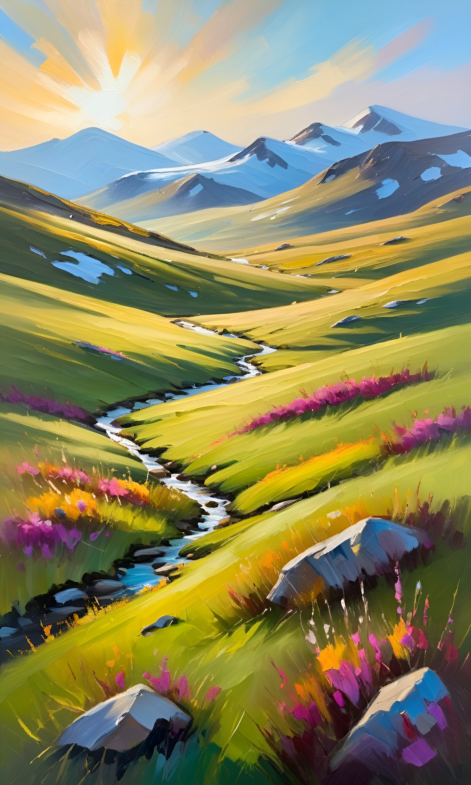 Sunlit Mountain Valley Landscape Painting - Free Download - AI Scribbles