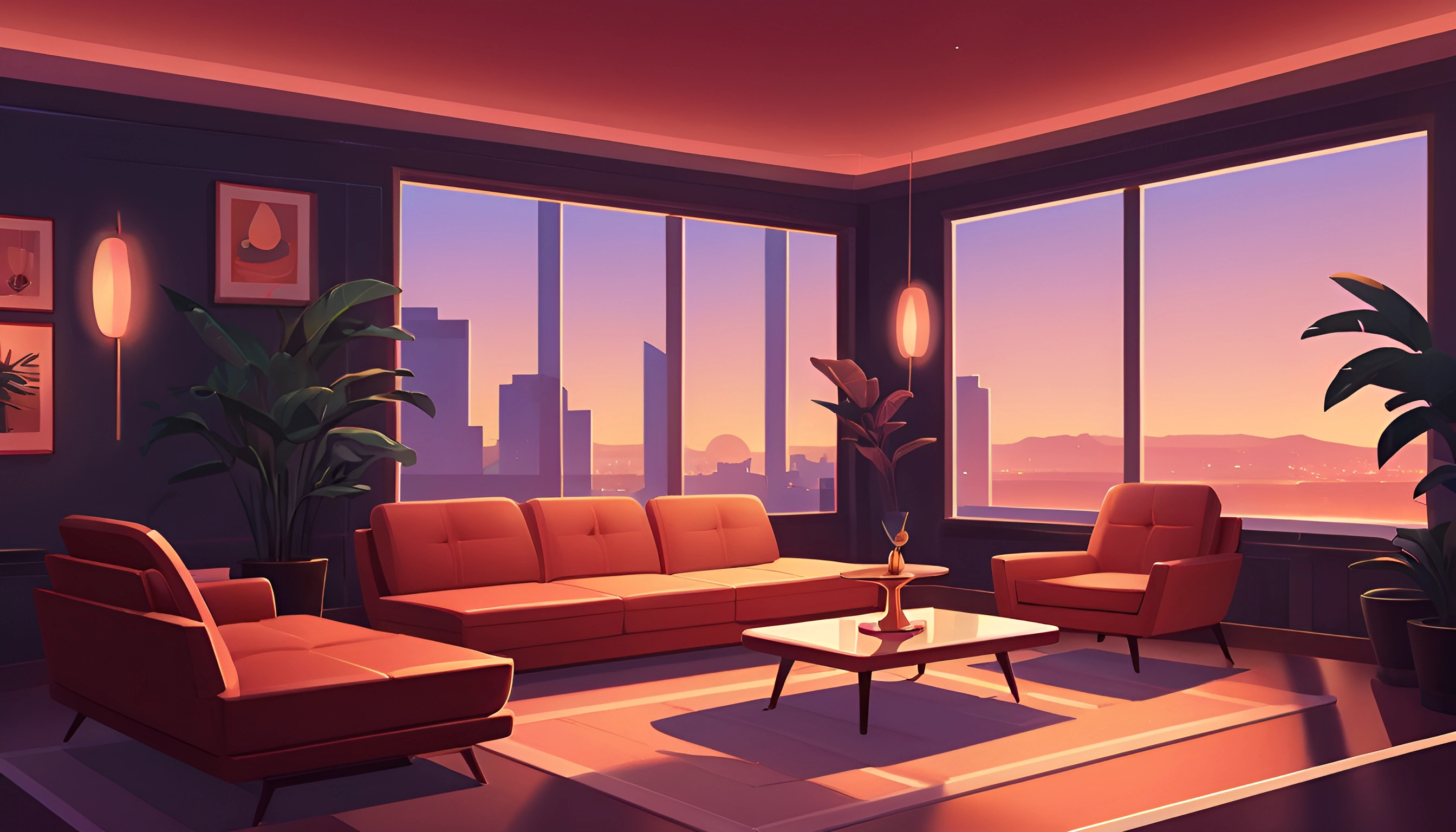 Mid-Century Living Room With City Sunset View - Free Download - AI ...