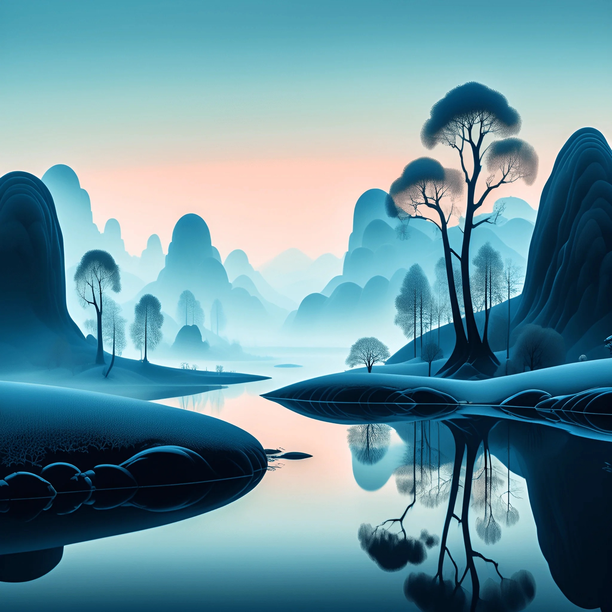 Serene Blue Landscape with Reflection - Free Download - AI Scribbles