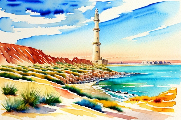 painting of a lighthouse on a rocky beach with a blue sky