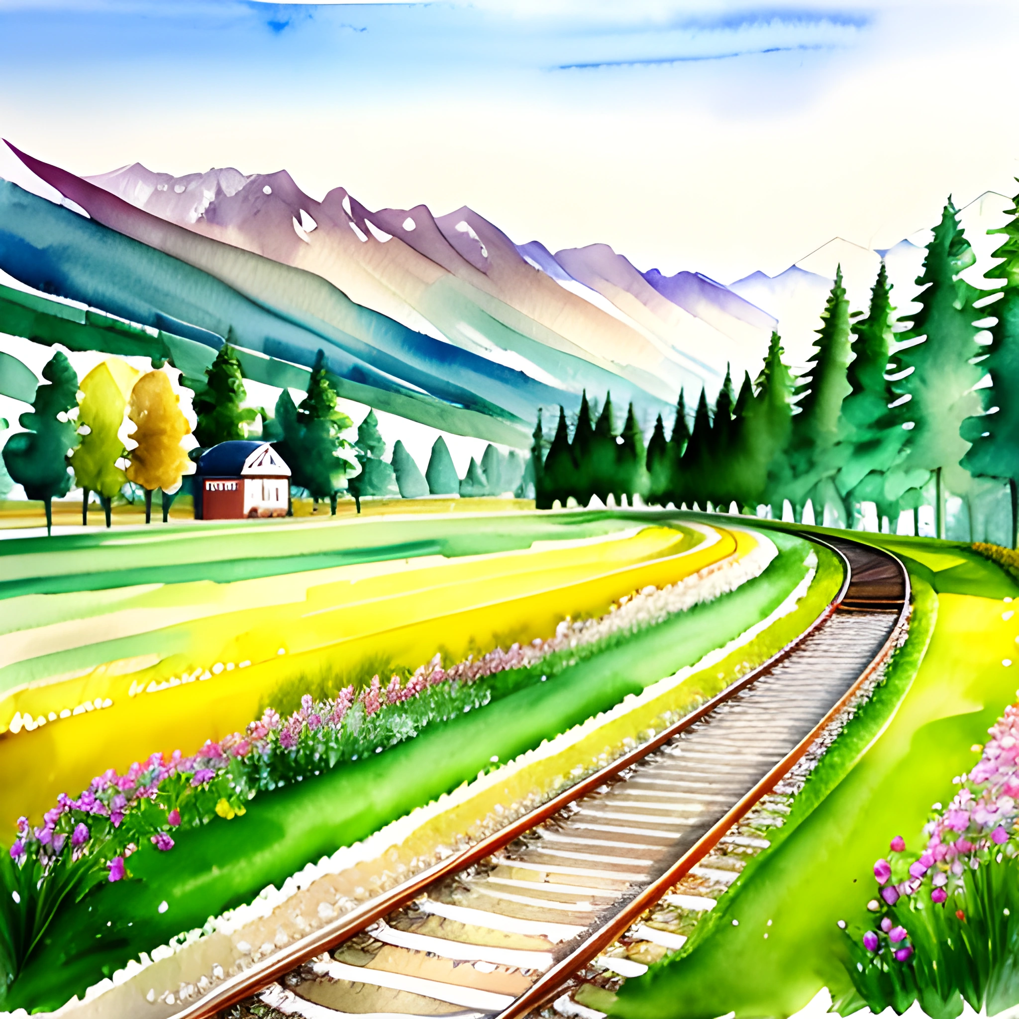 painting of a train track with a mountain in the background