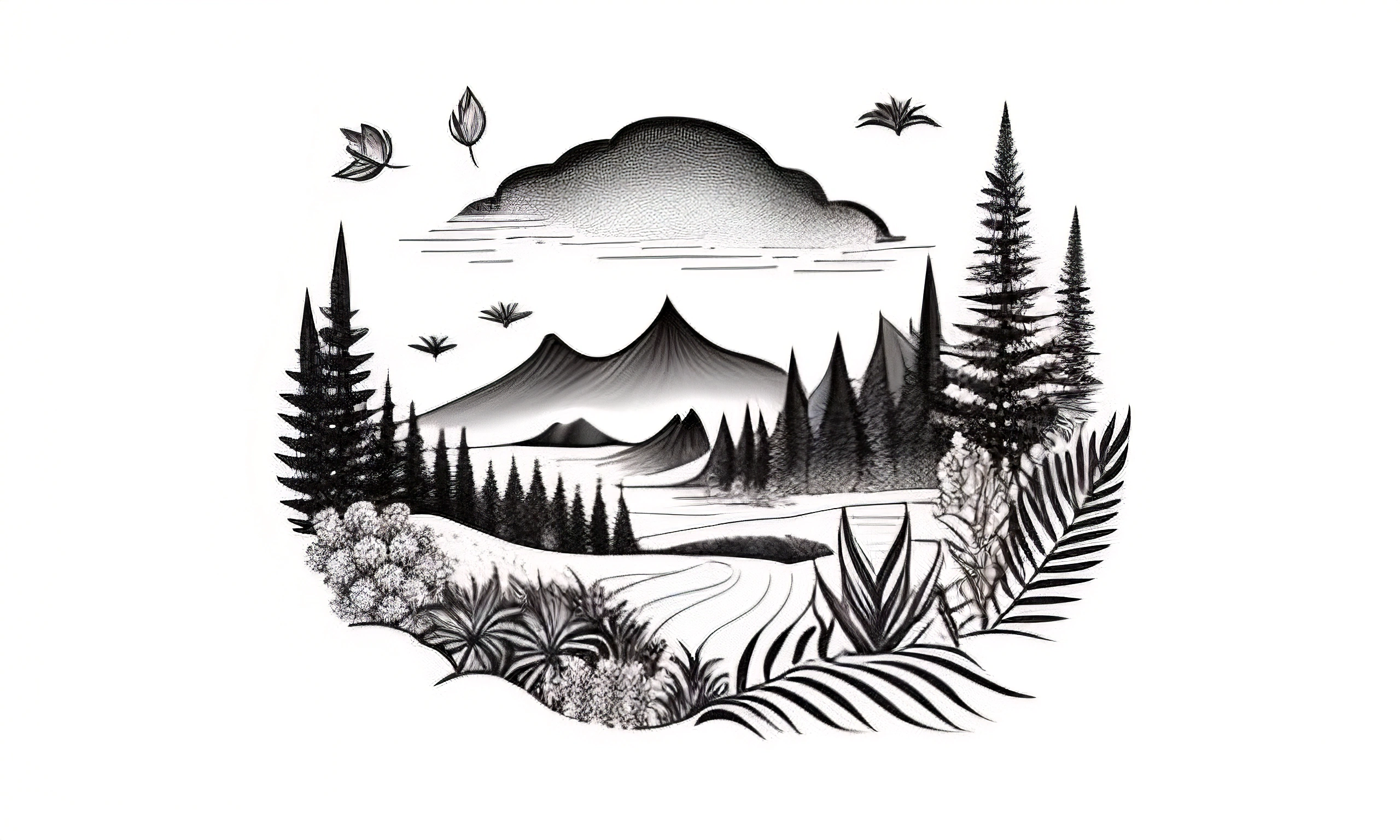 a black and white drawing of a mountain scene with trees and birds
