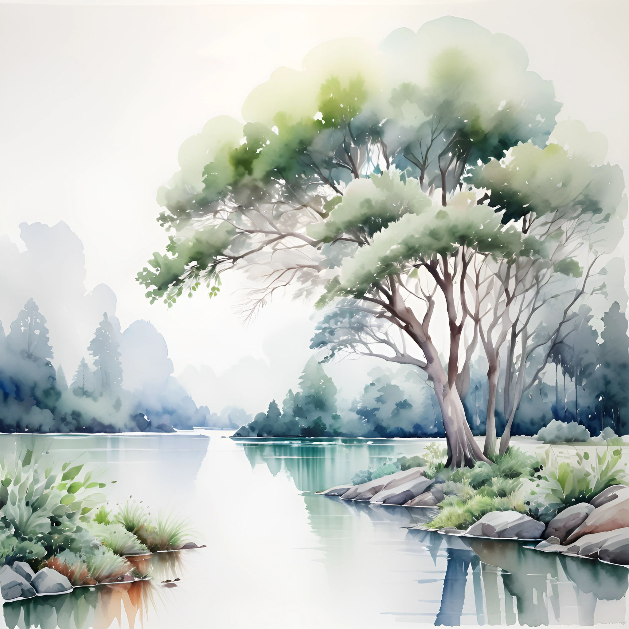 Serene Watercolor Landscape with Trees - Free Download - AI Scribbles