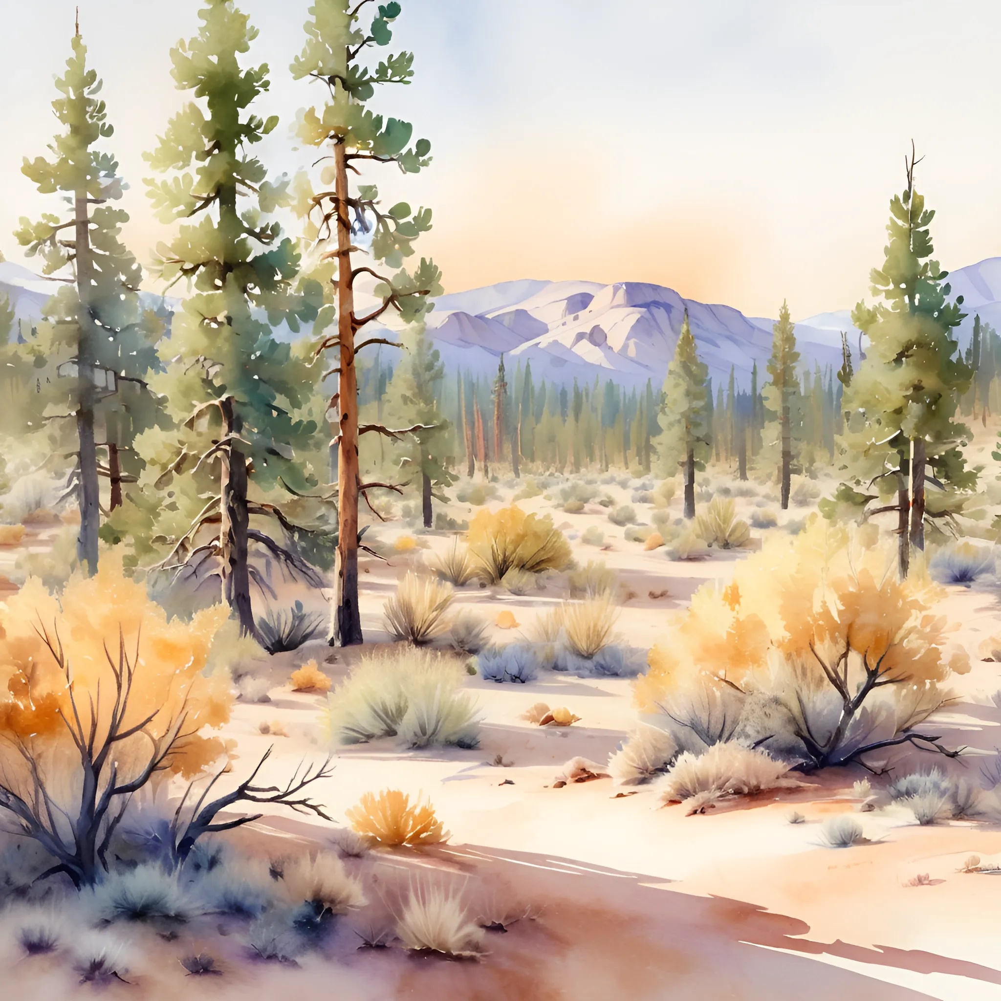 Serene Watercolor Landscape with Pines - Free Download - AI Scribbles