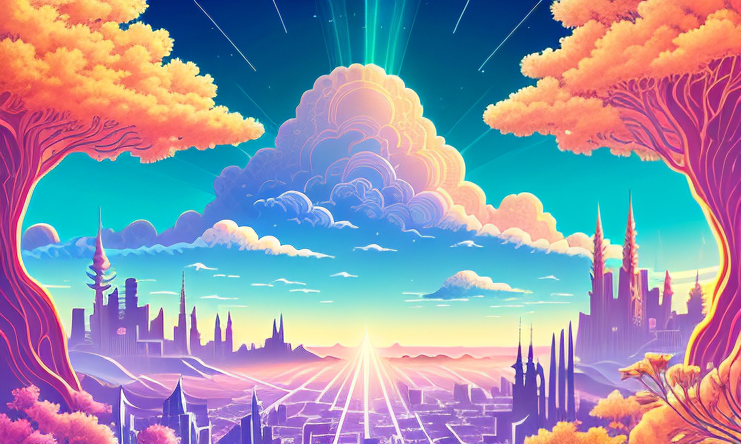 a painting of a city with a sky background and a rainbow colored sky