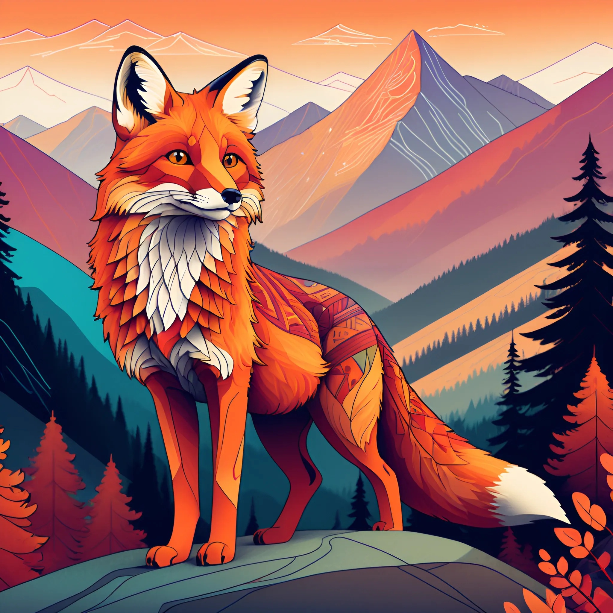 Stylized Fox in a Mountain Landscape - Free Download - AI Scribbles