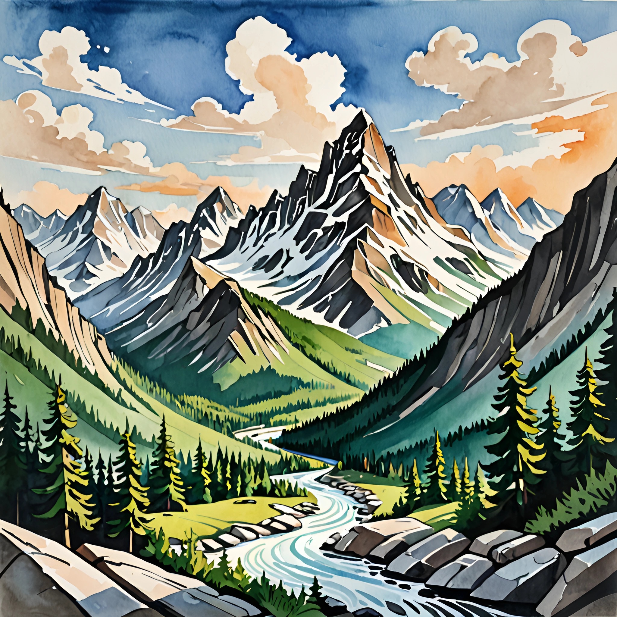 Serene Mountain Landscape with River - Free Download - AI Scribbles