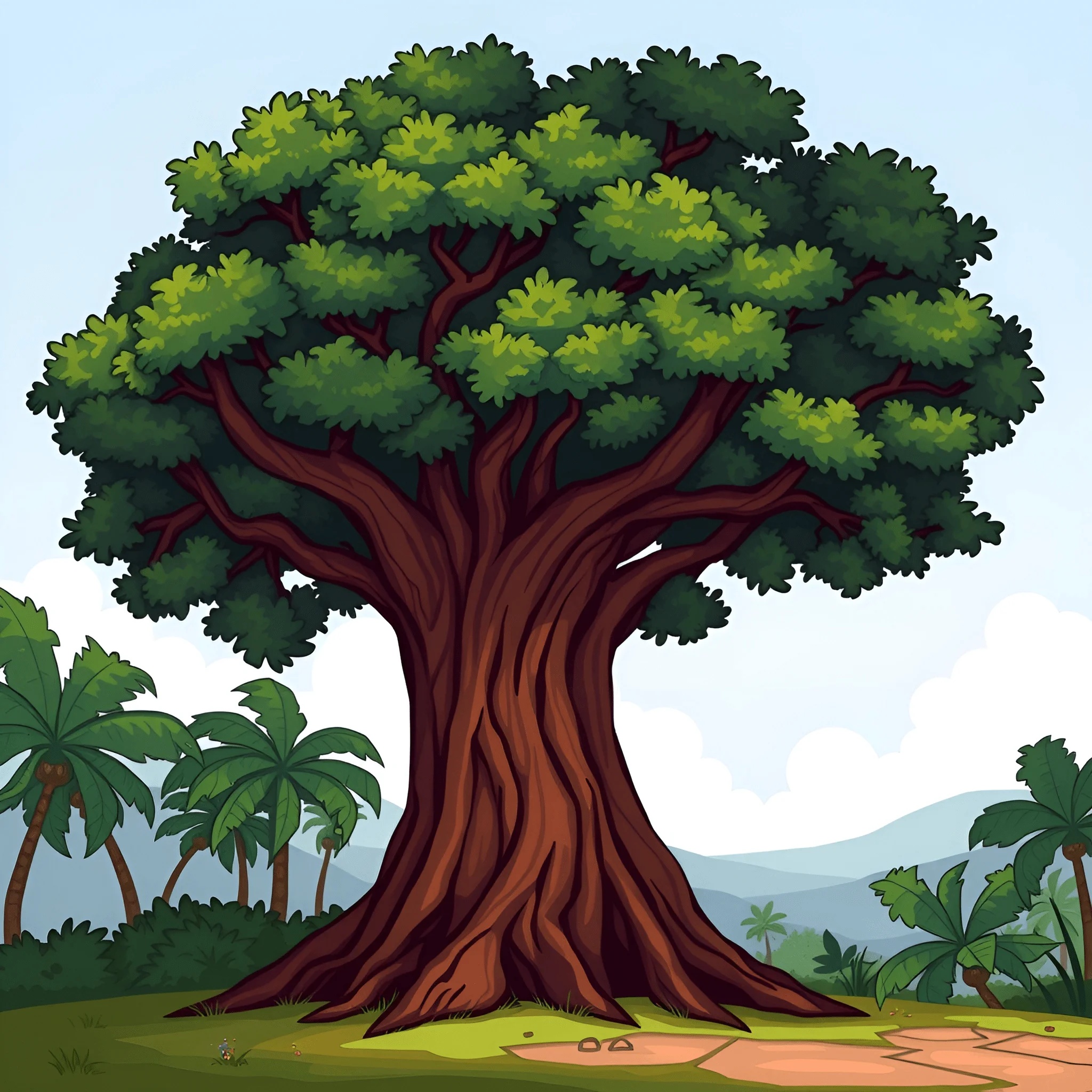 Tree Outside Cartoon Mighty Cartoon Tree in Lush Landscape - Free Download - AI Scribbles