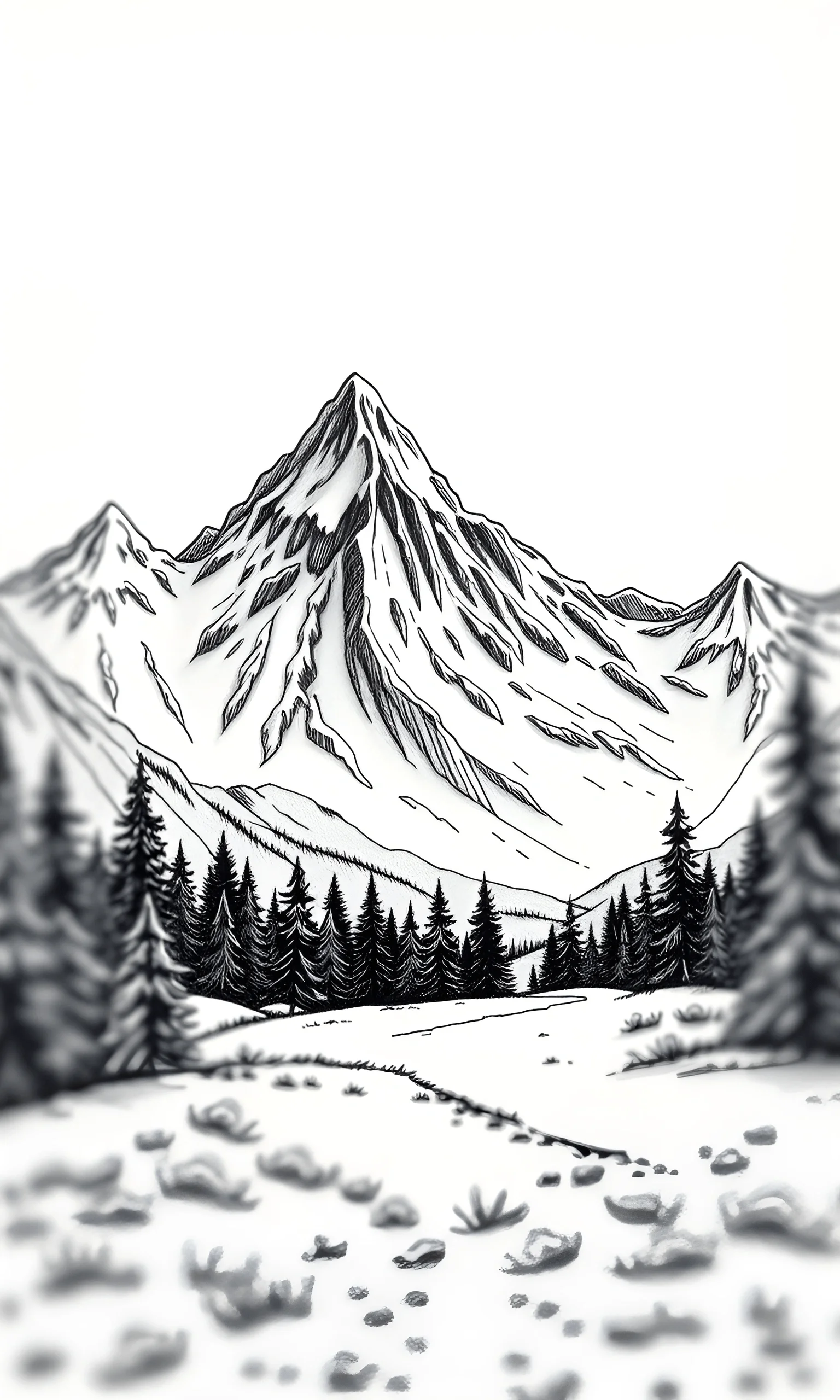 Black and White Ink Drawing of Snowy Mountain Landscape - Free Download ...