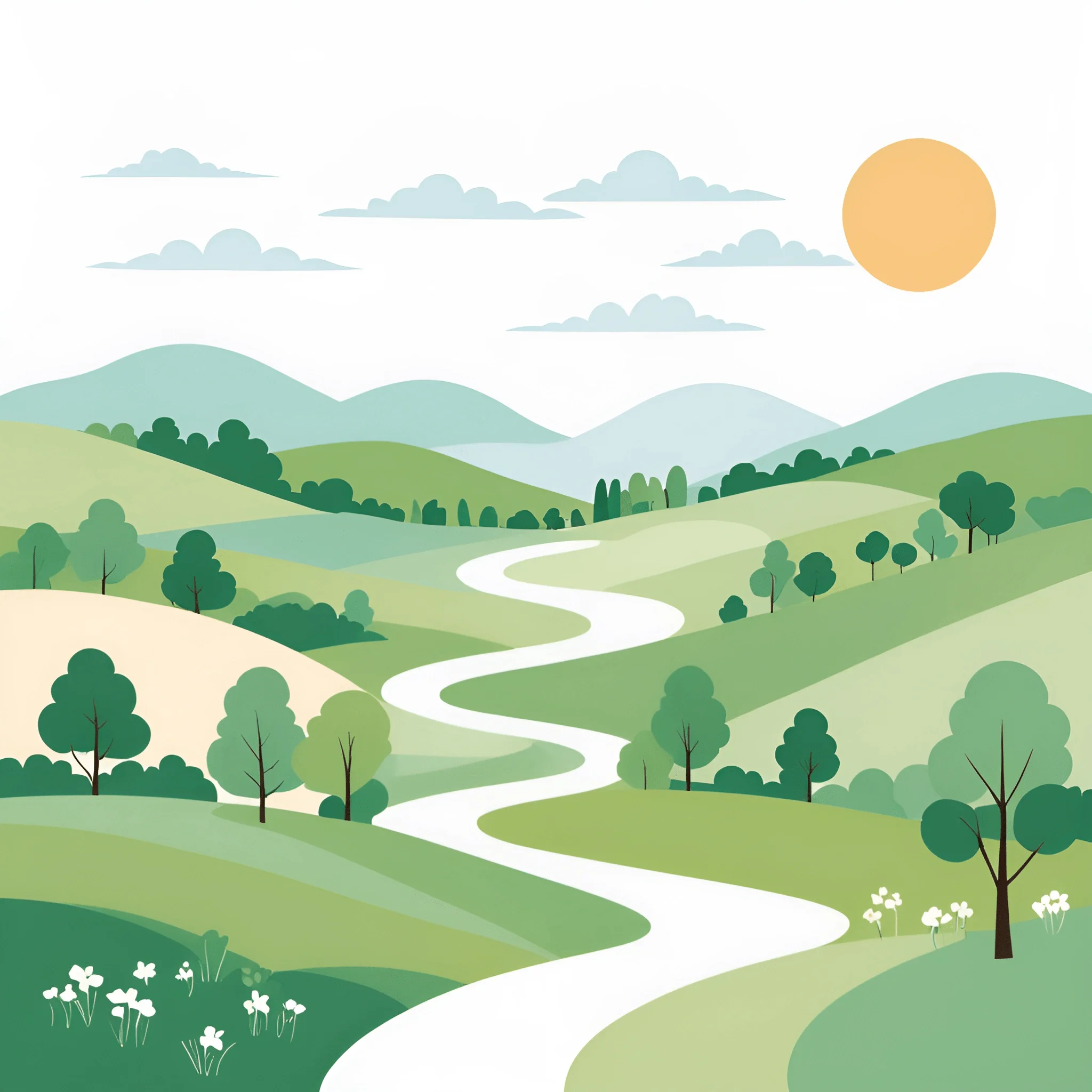 Stylized Green Landscape with River and Sun - Free Download - AI Scribbles