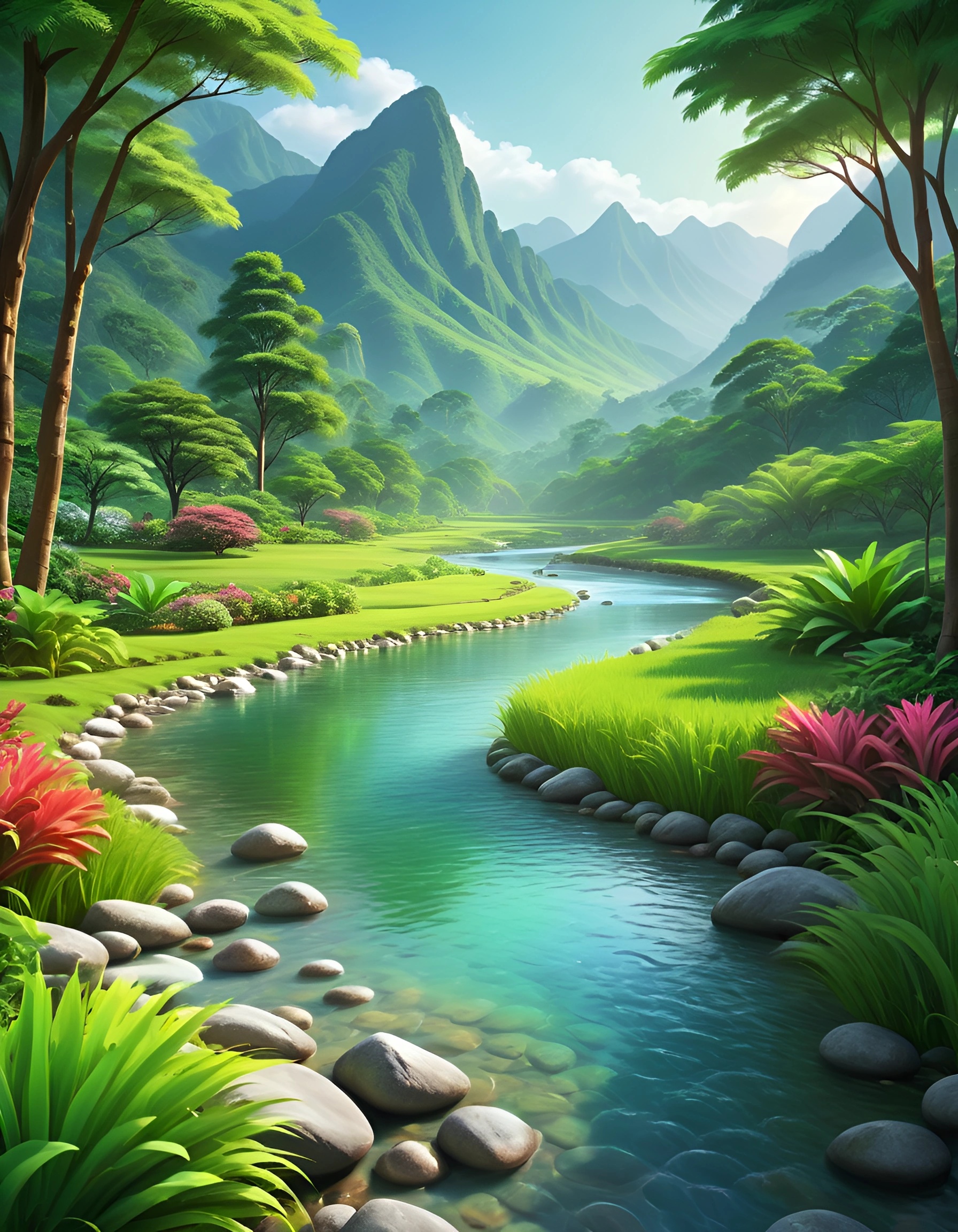 Serene Mountain Landscape with Flowing River - Free Download - AI Scribbles