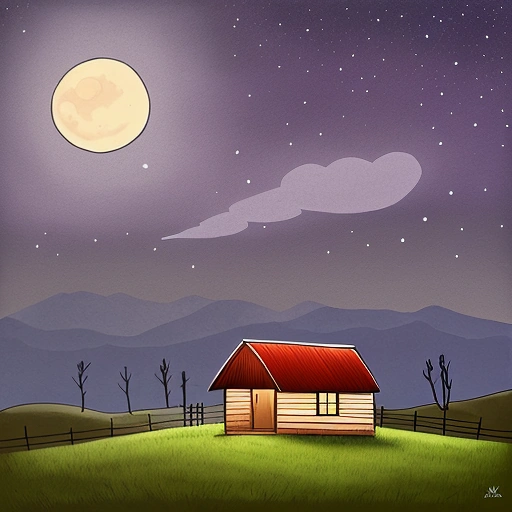 night scene with a small cabin in a field with a full moon