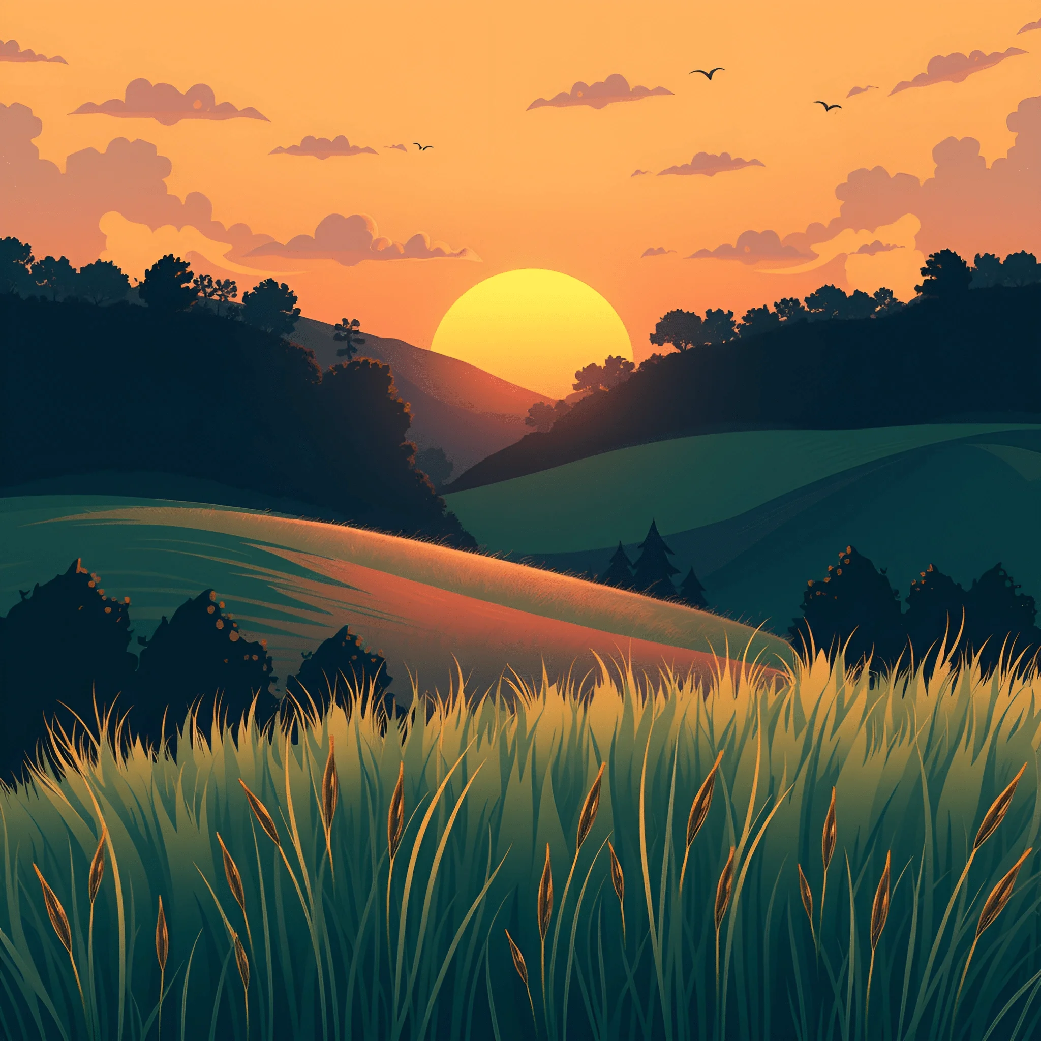 Sunset Over Rolling Hills and Grass - Free Download - AI Scribbles