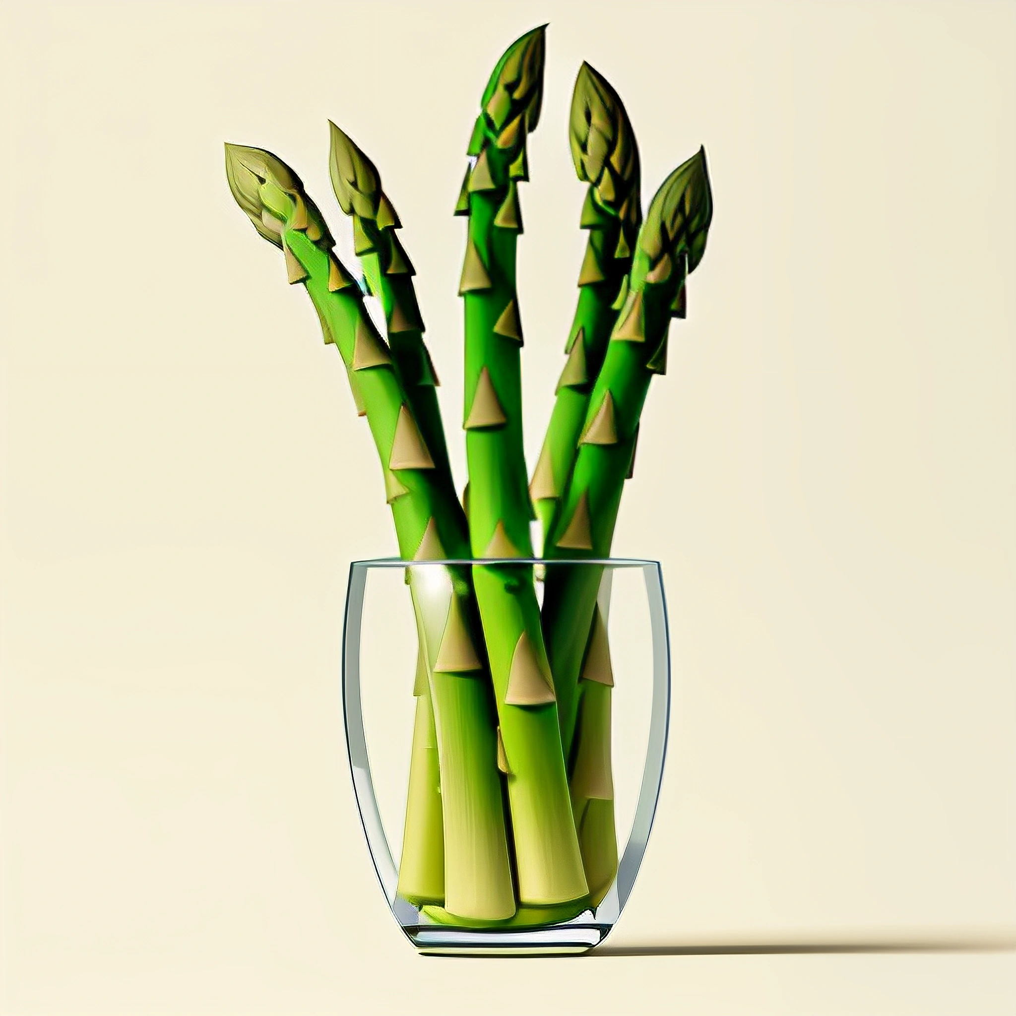 there are asparagus in a glass vase on a table