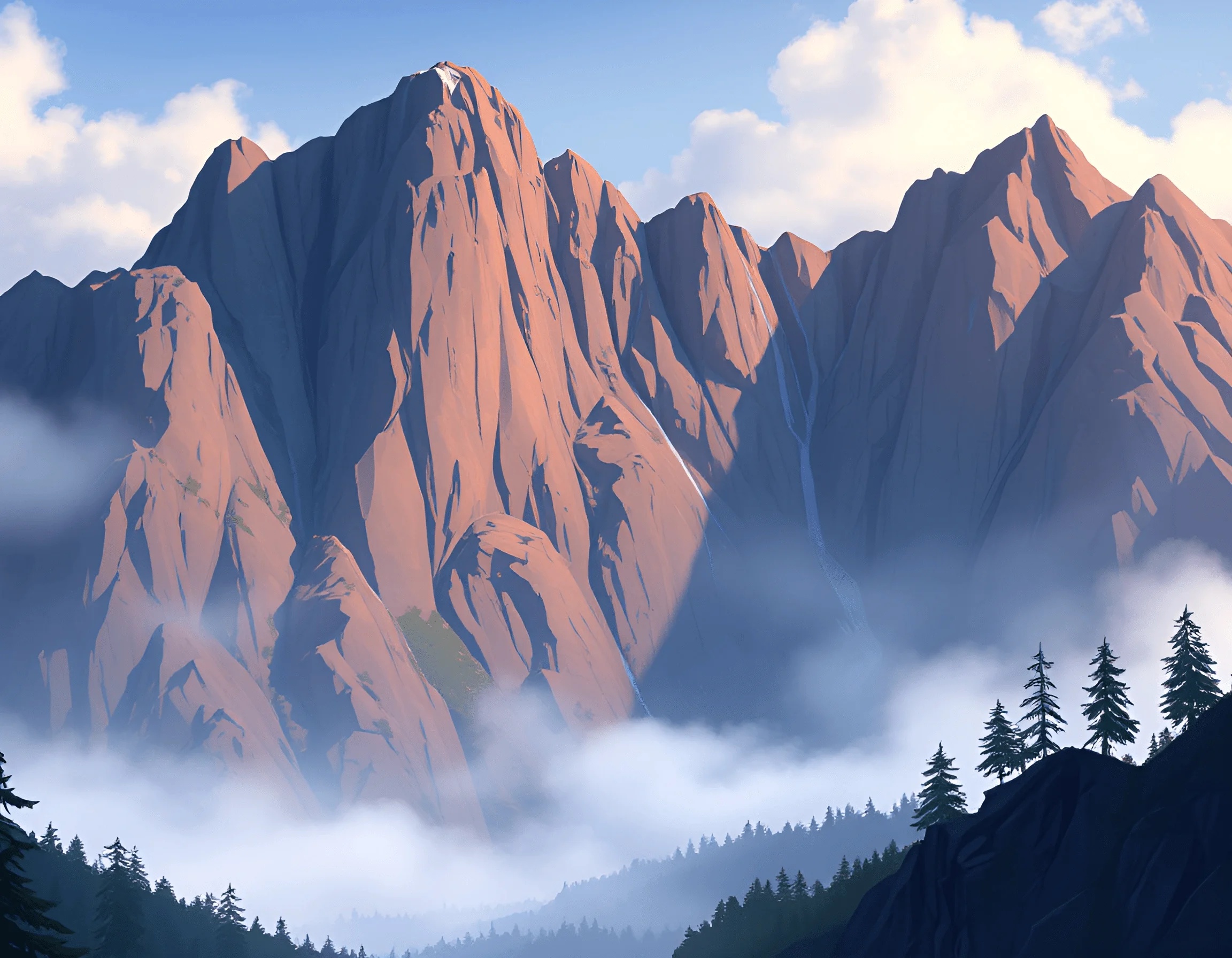 Sunlit Mountain Peaks with Forest and Mist - Free Download - AI Scribbles