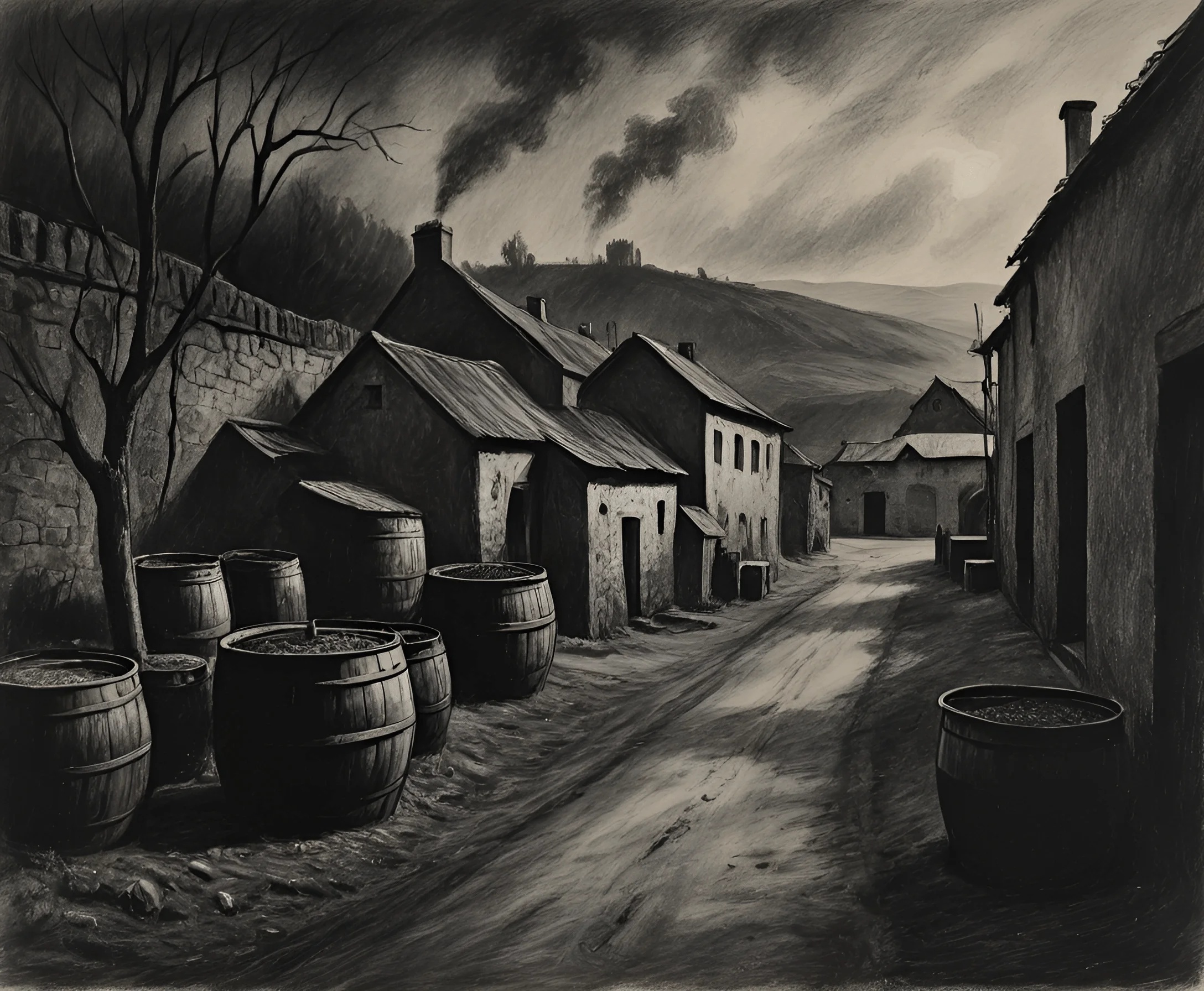 Black and White Village Street with Barrels - Free Download - AI Scribbles