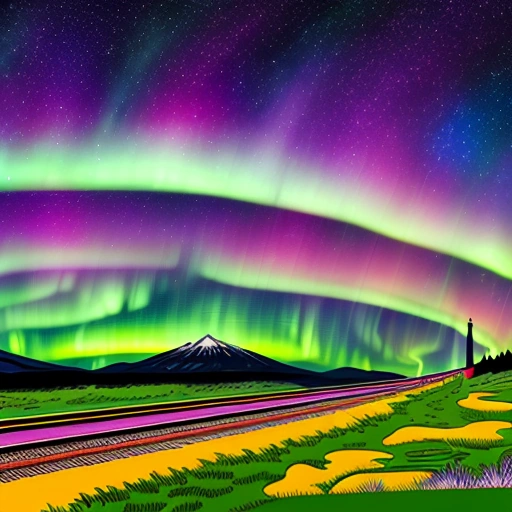 aurora bore over a train track and a mountain in the distance