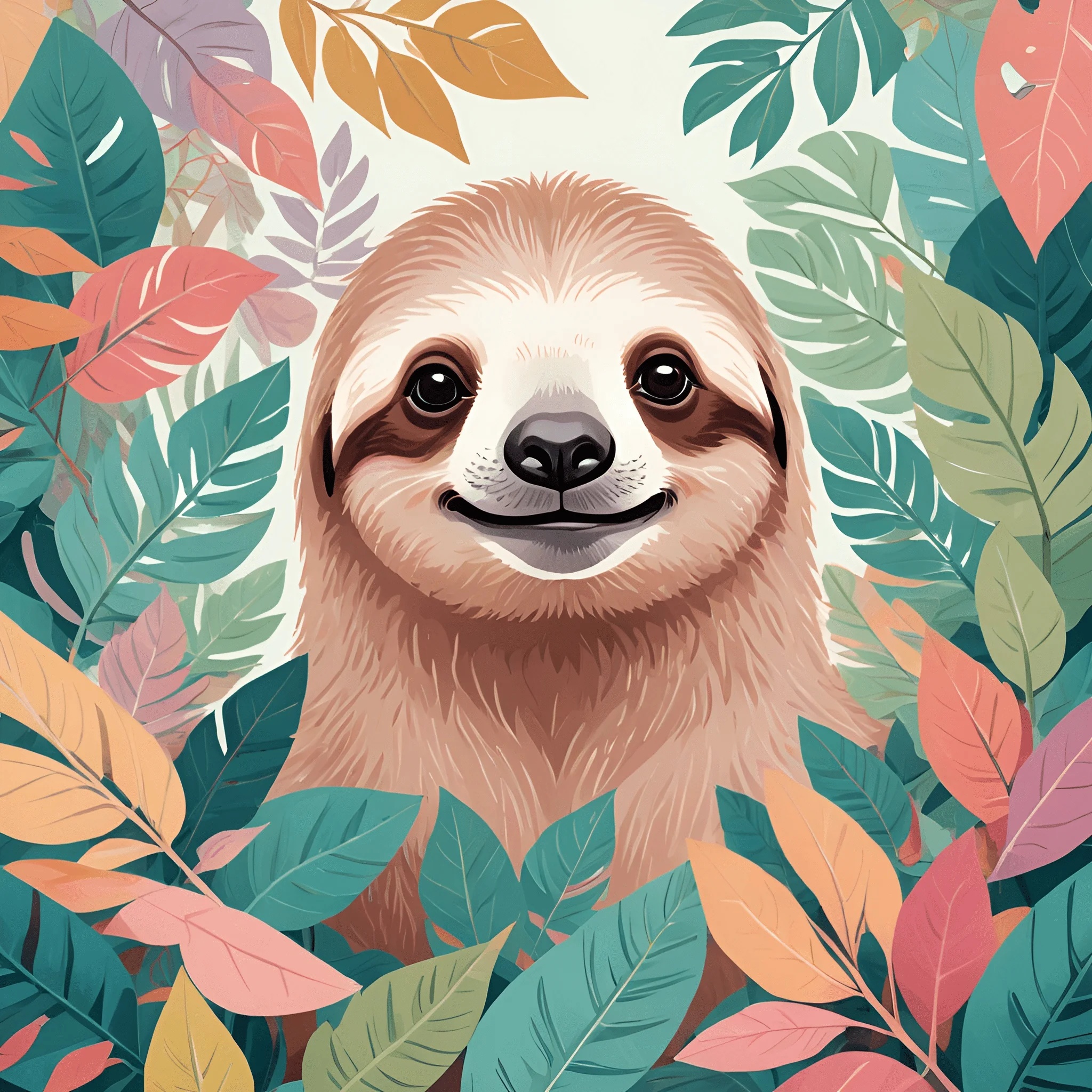 Smiling Soth Smiling Sloth Among Colorful Leaves - Free Download - AI Scribbles