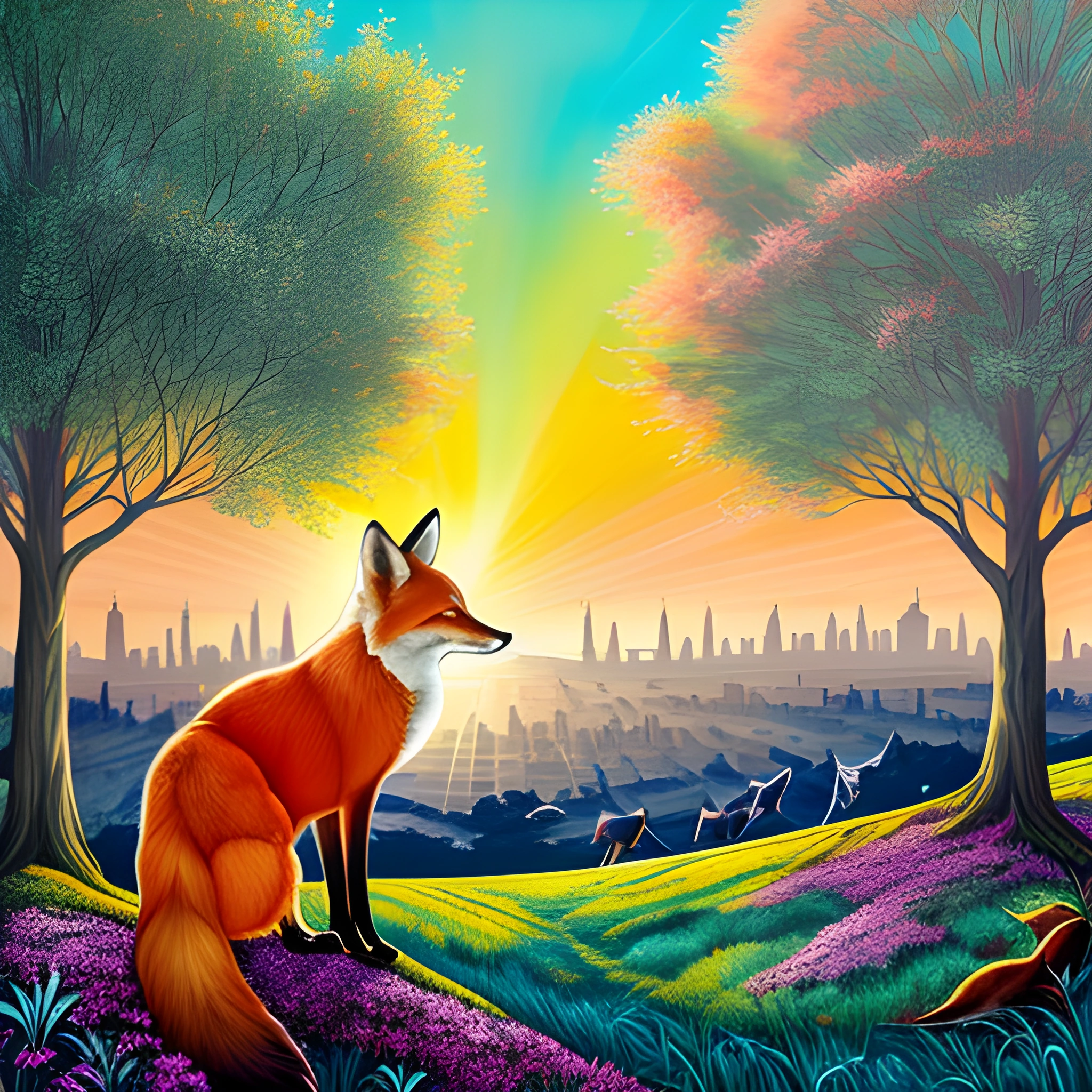painting of a fox sitting in a field with a city in the background