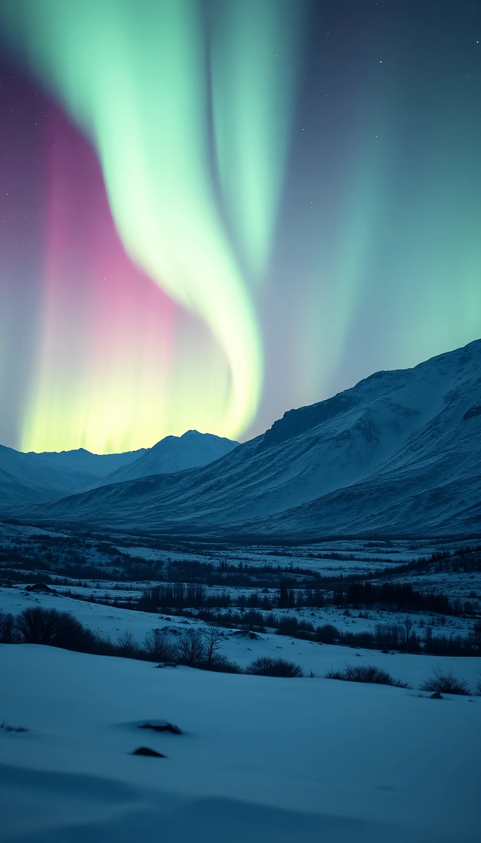 Aurora Borealis Over Snowy Mountain Valley - Free Download - AI Scribbles