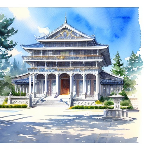 painting of a large building with a large front door