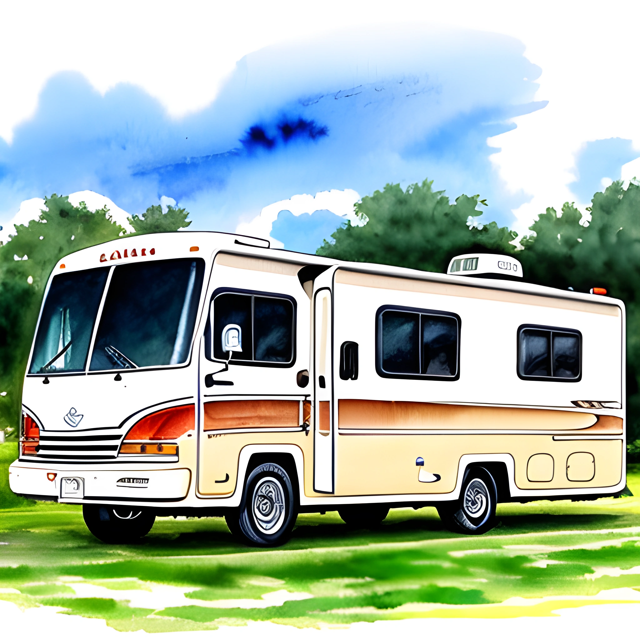 painting of a white and brown rv parked in a field