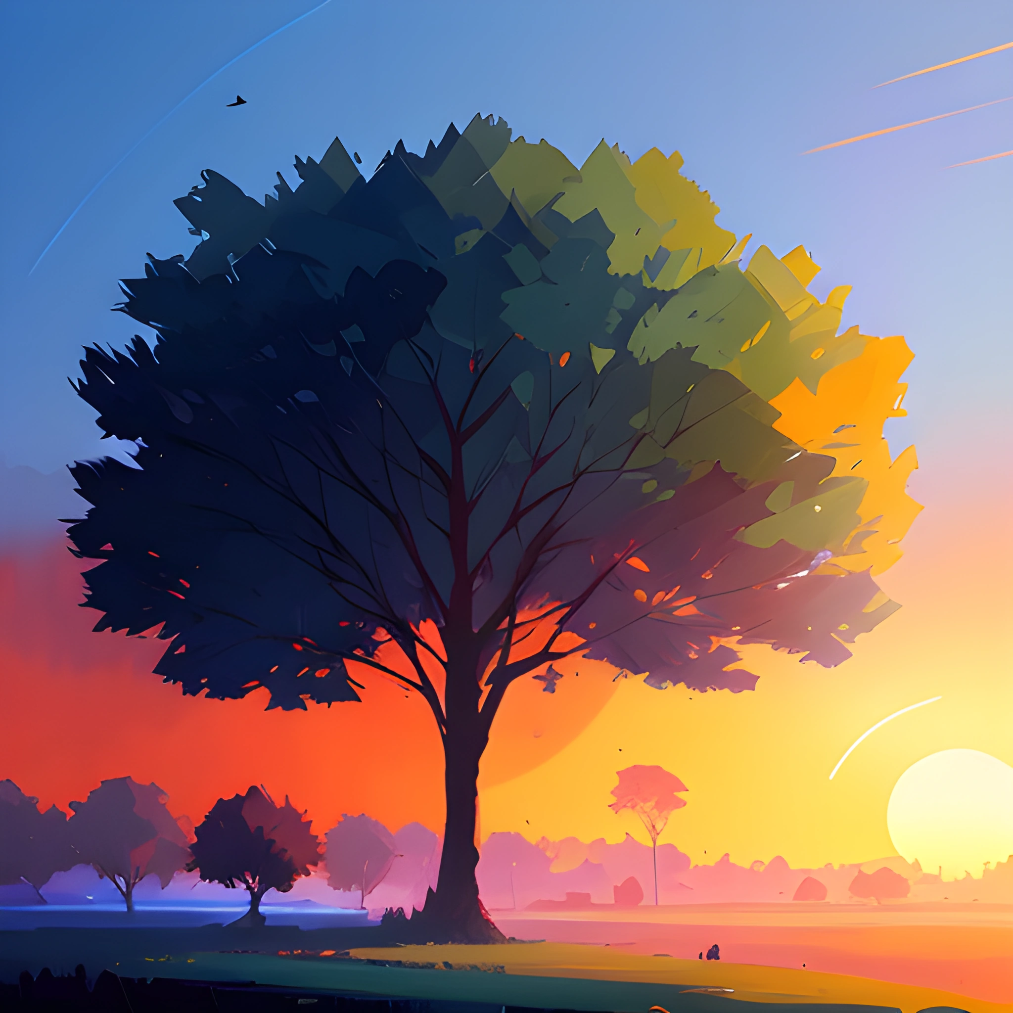 a tree that is standing in the grass near a sunset