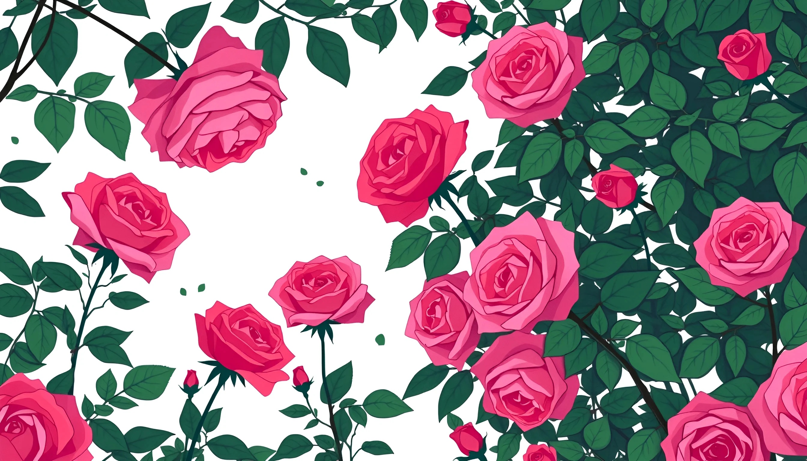 Digital Illustration of Pink Roses and Green Leaves - Free Download ...