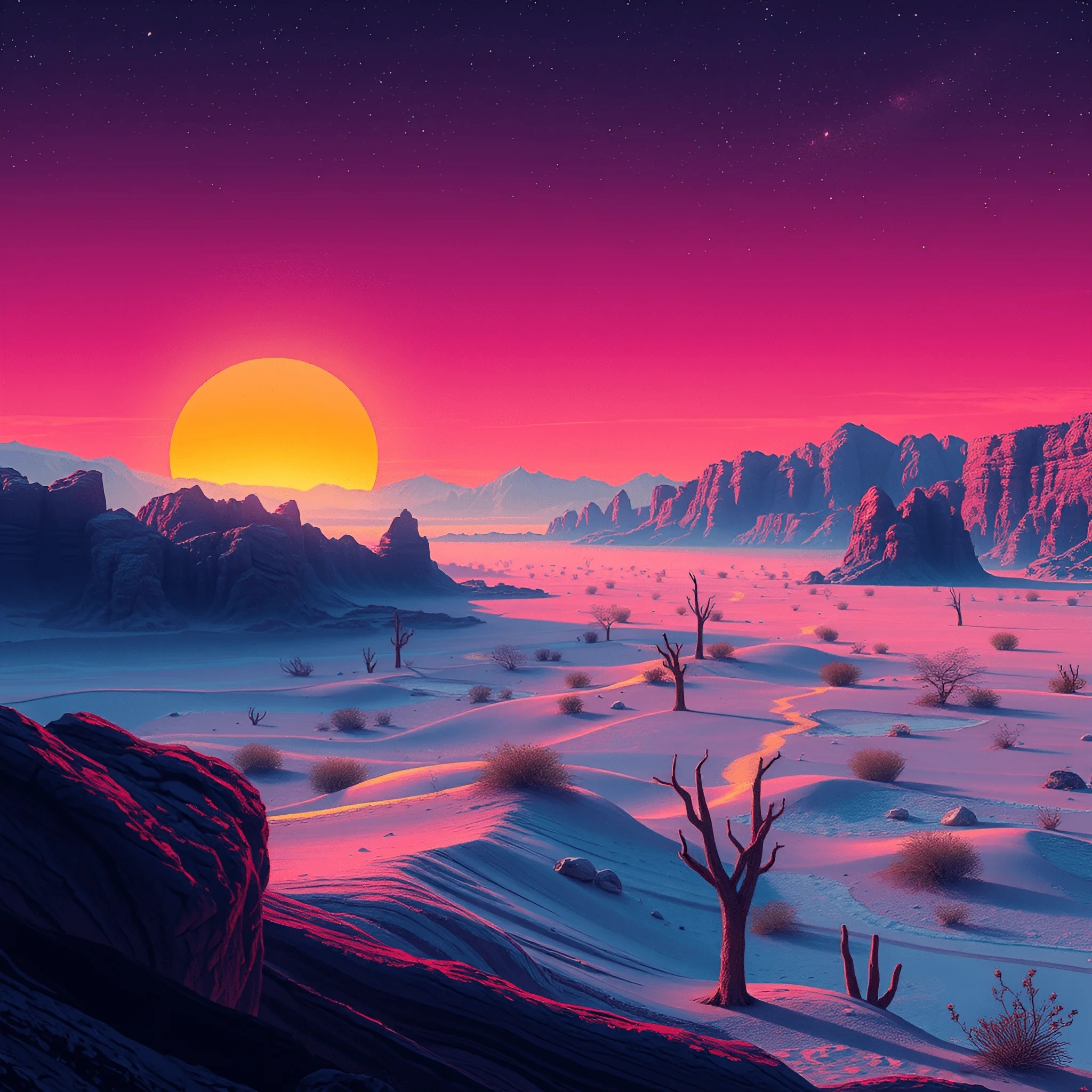 Desert Sunset Landscape with Rocky Mountains - Free Download - AI Scribbles