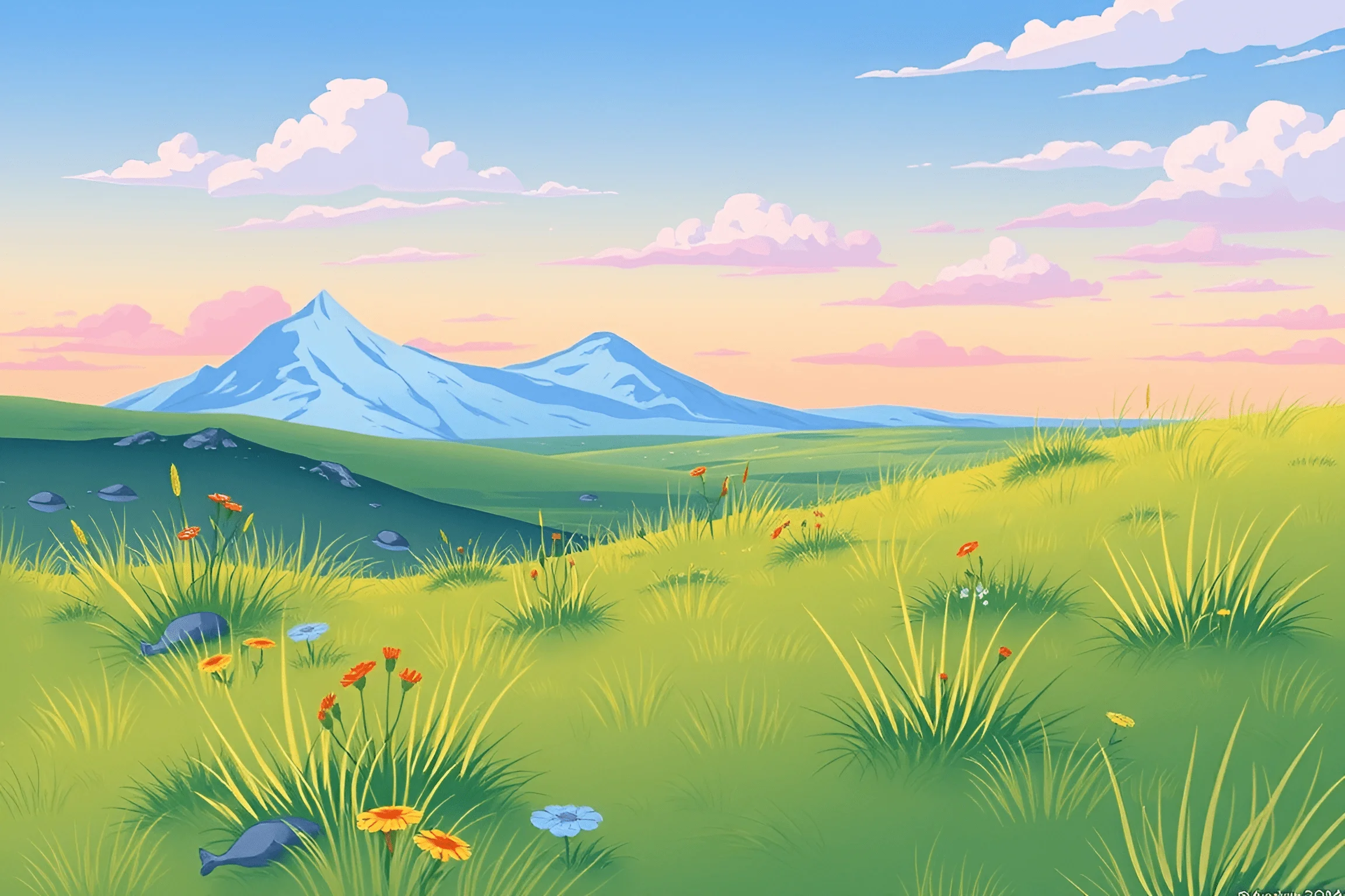 Computer Animated Landscape Animated Mountain Landscape With Meadows And Flowers - Free Download ...