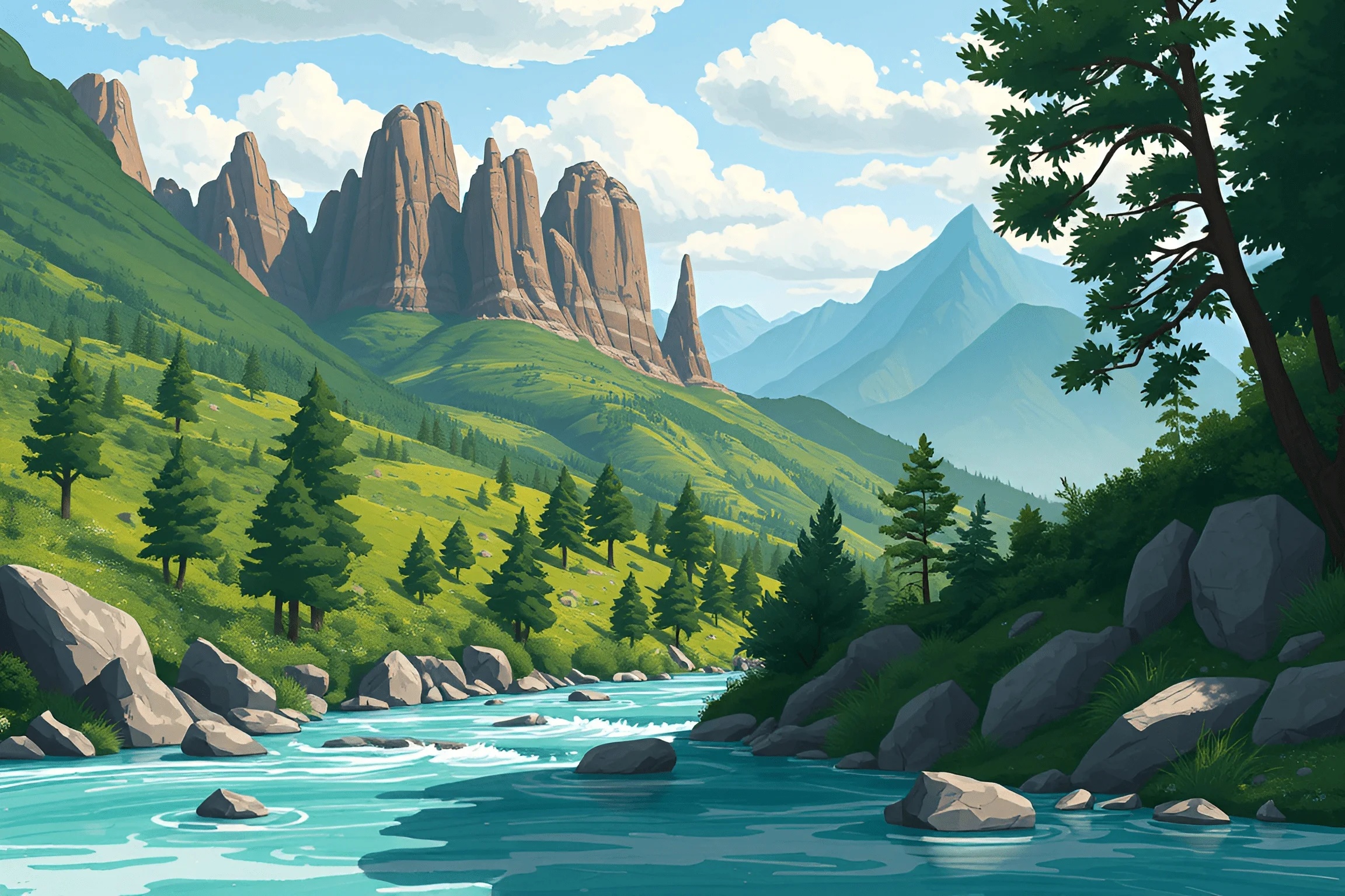 Mountain Stream with Rocky Cliffs and Pine Trees - Free Download - AI ...