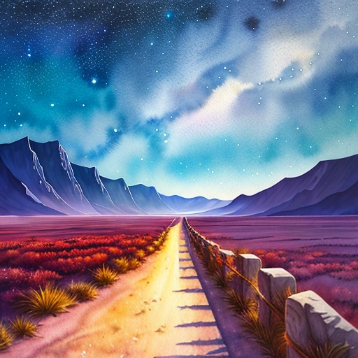 painting of a road leading to a mountain range with a starr sky