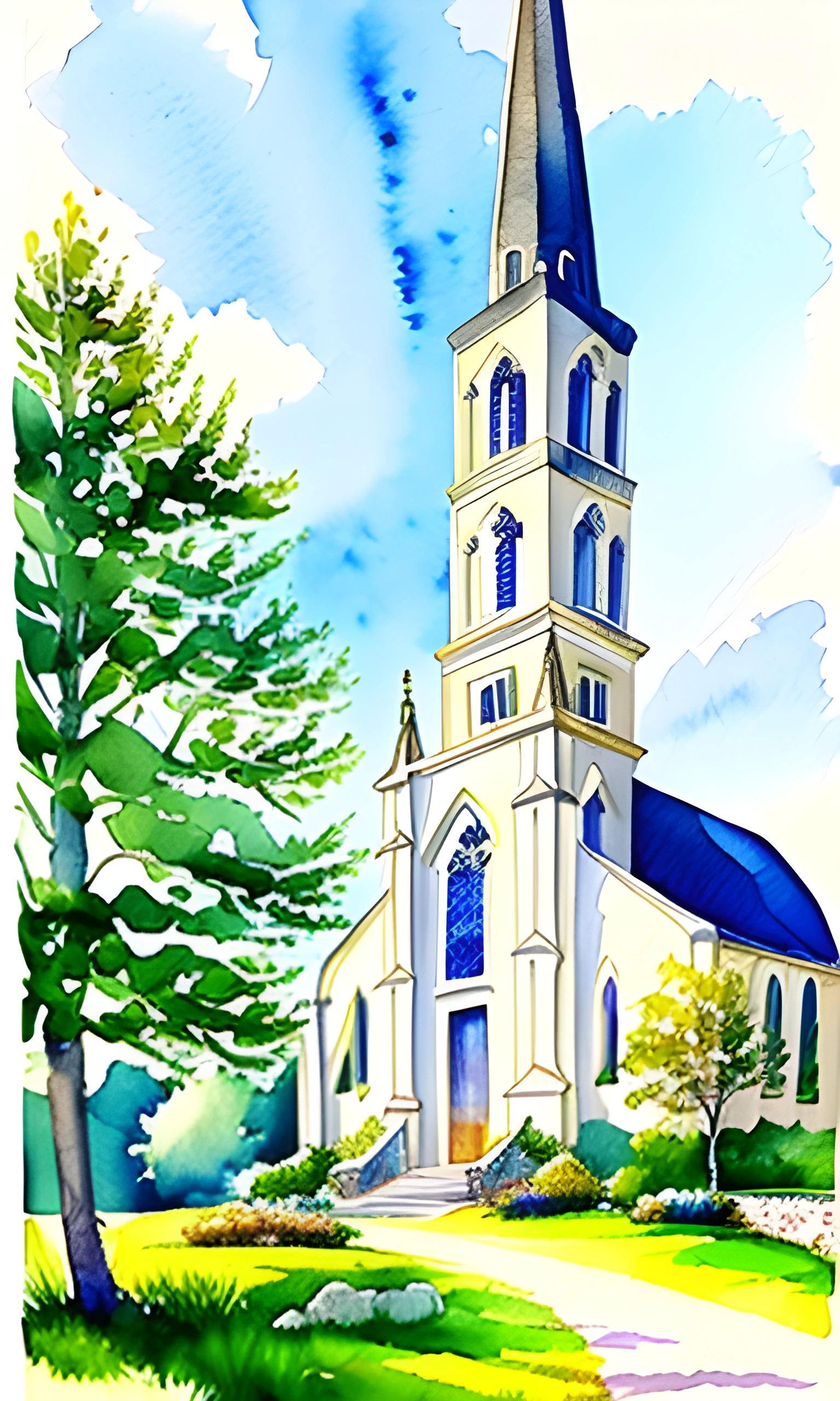 painting of a church with a steeple and a blue roof
