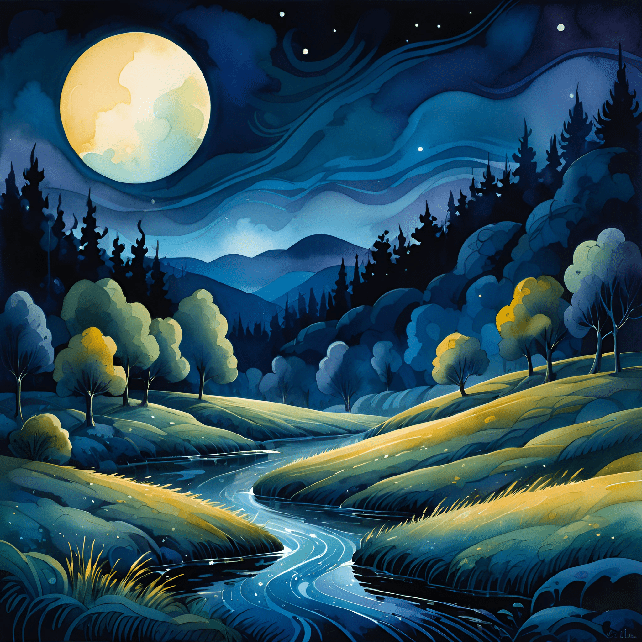 Moonlit Landscape Painting - Free Download - AI Scribbles