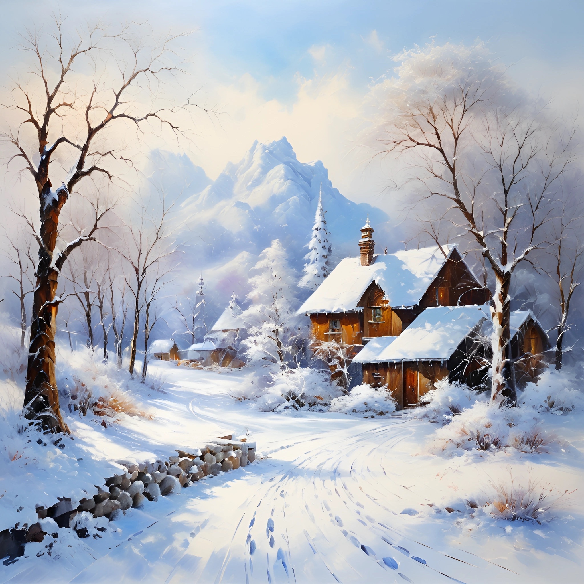 Snowy Winter Landscape with Cabin - Free Download - AI Scribbles