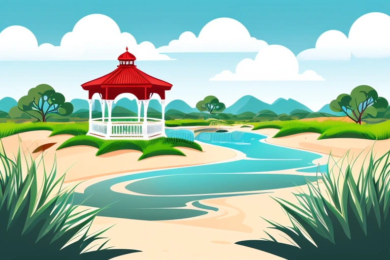 illustration of a beautiful landscape with a gazebo and a river