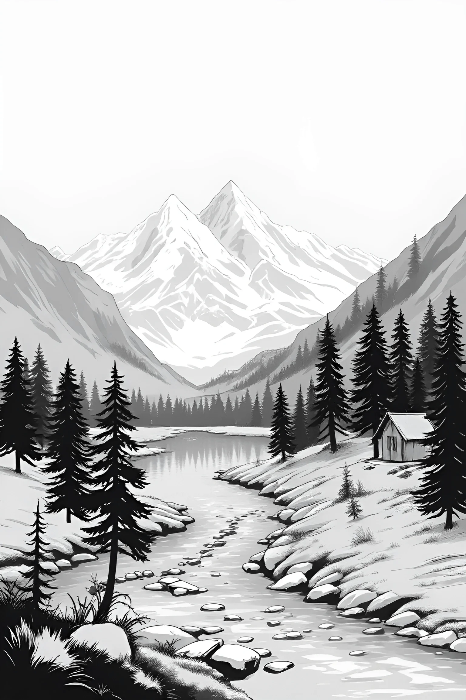 Monochrome Mountain Landscape With River And Cabin - Free Download - AI ...