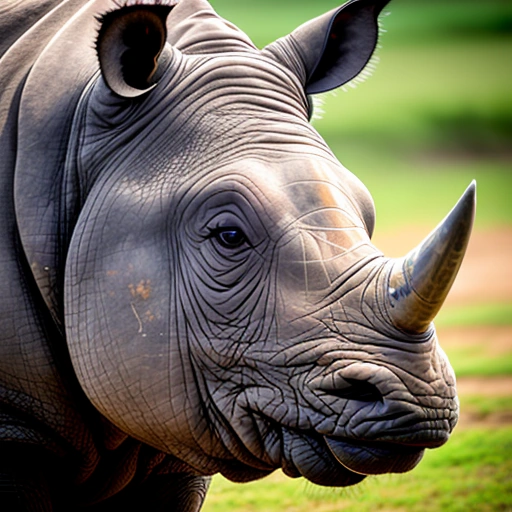 a rhino standing in the grass with a blurry background