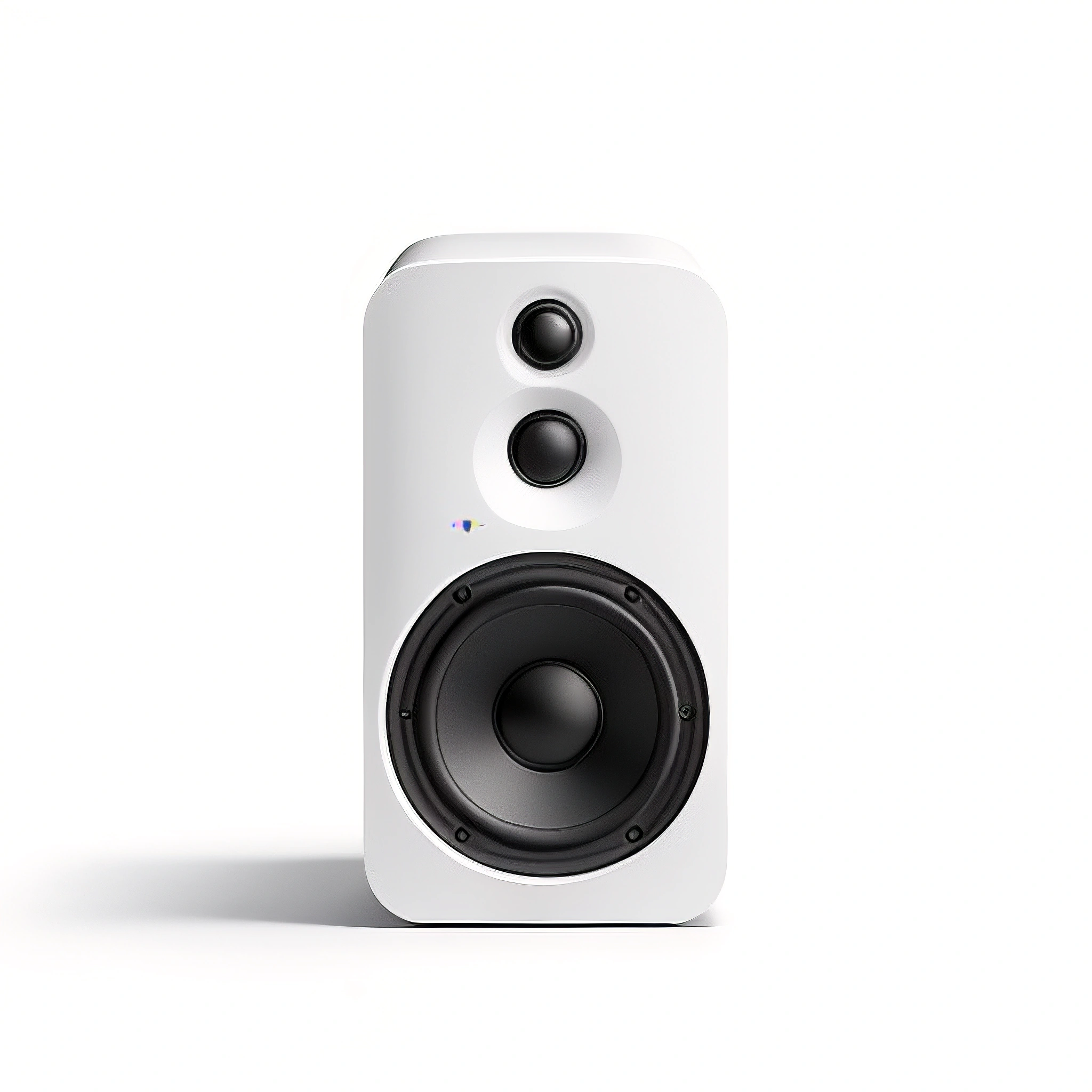 a white speaker with a black speaker on it