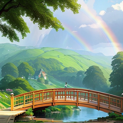 a bridge over a river with a rainbow in the sky