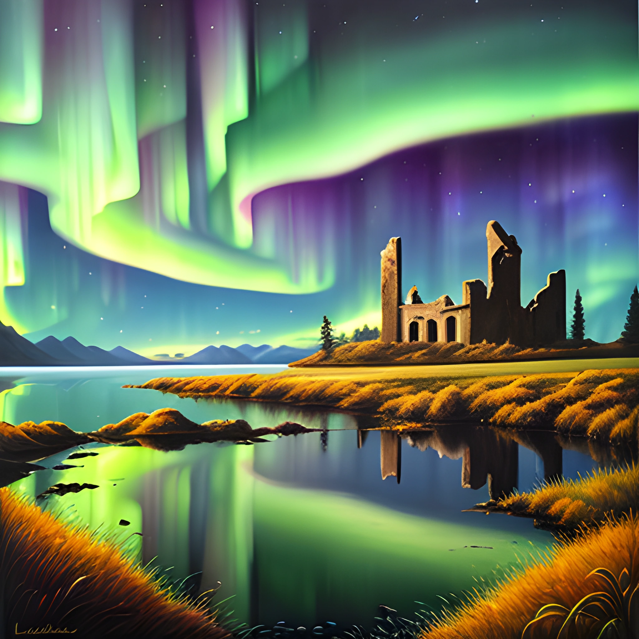painting of a castle with aurora lights in the sky