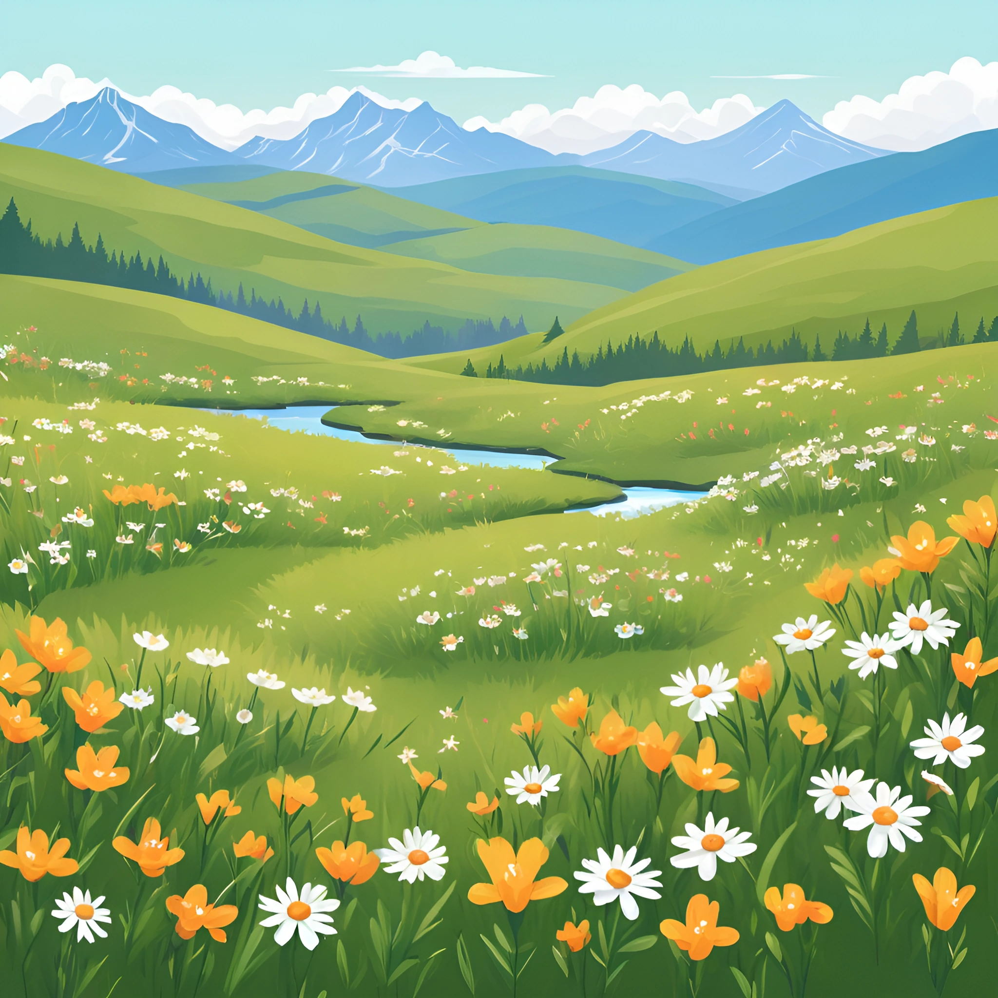 Image Spring Medow Vibrant Spring Meadow with Mountains - Free Download - AI Scribbles