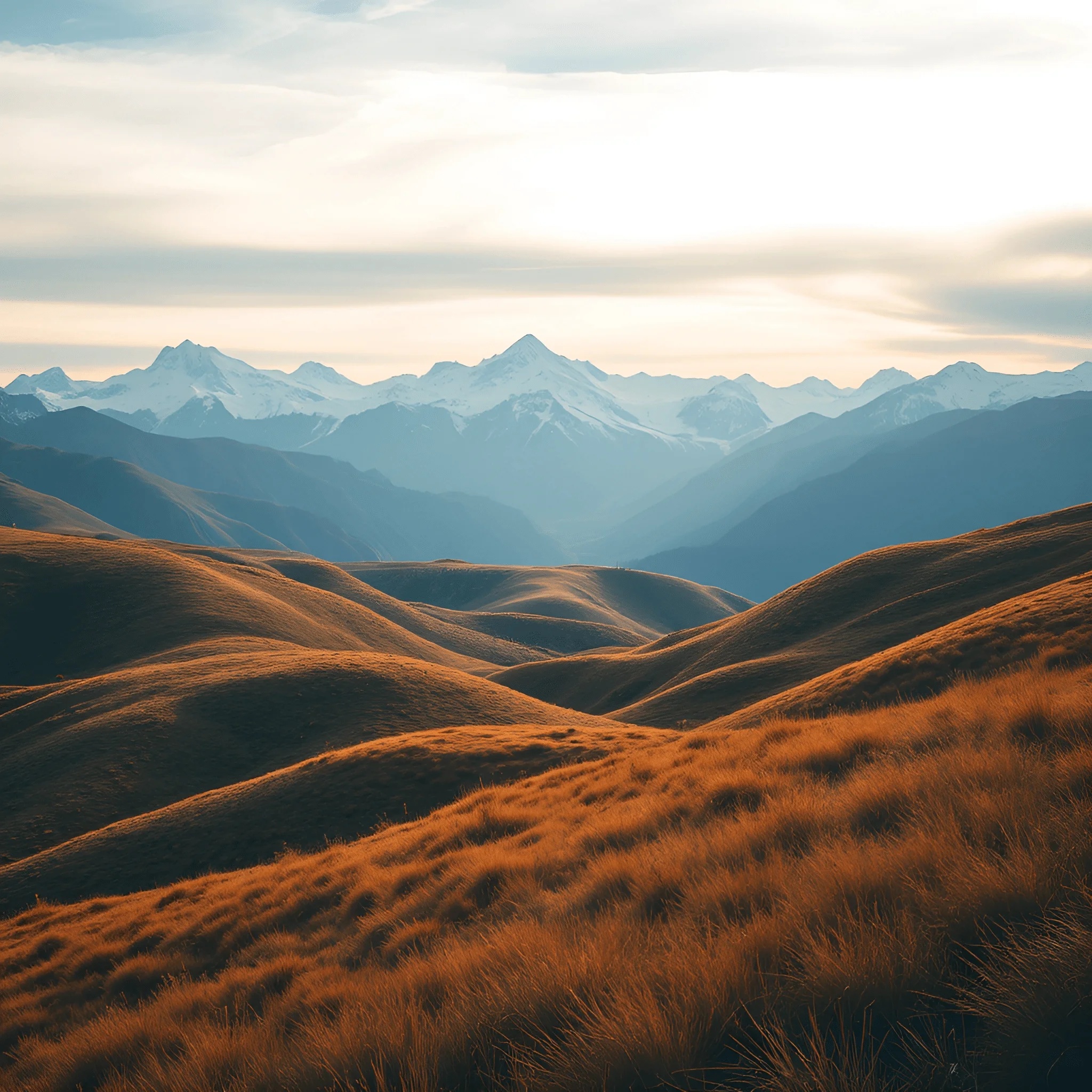 Small Hill Ranges Golden Hills with Snow-Capped Mountain Range - Free Download - AI Scribbles