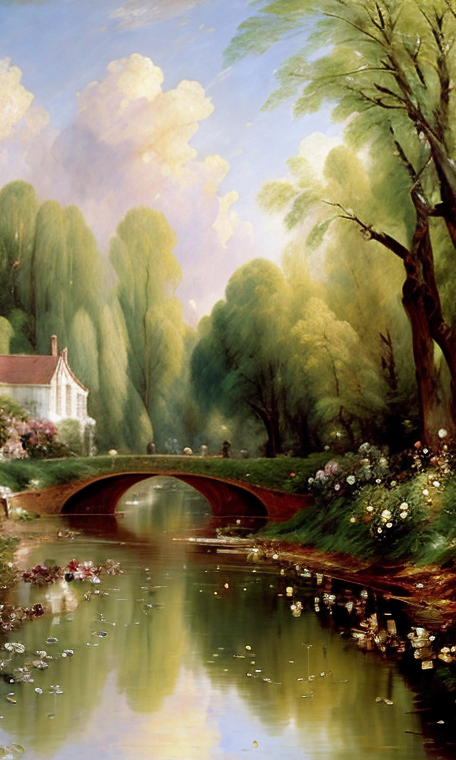 painting of a country scene with a bridge and a house