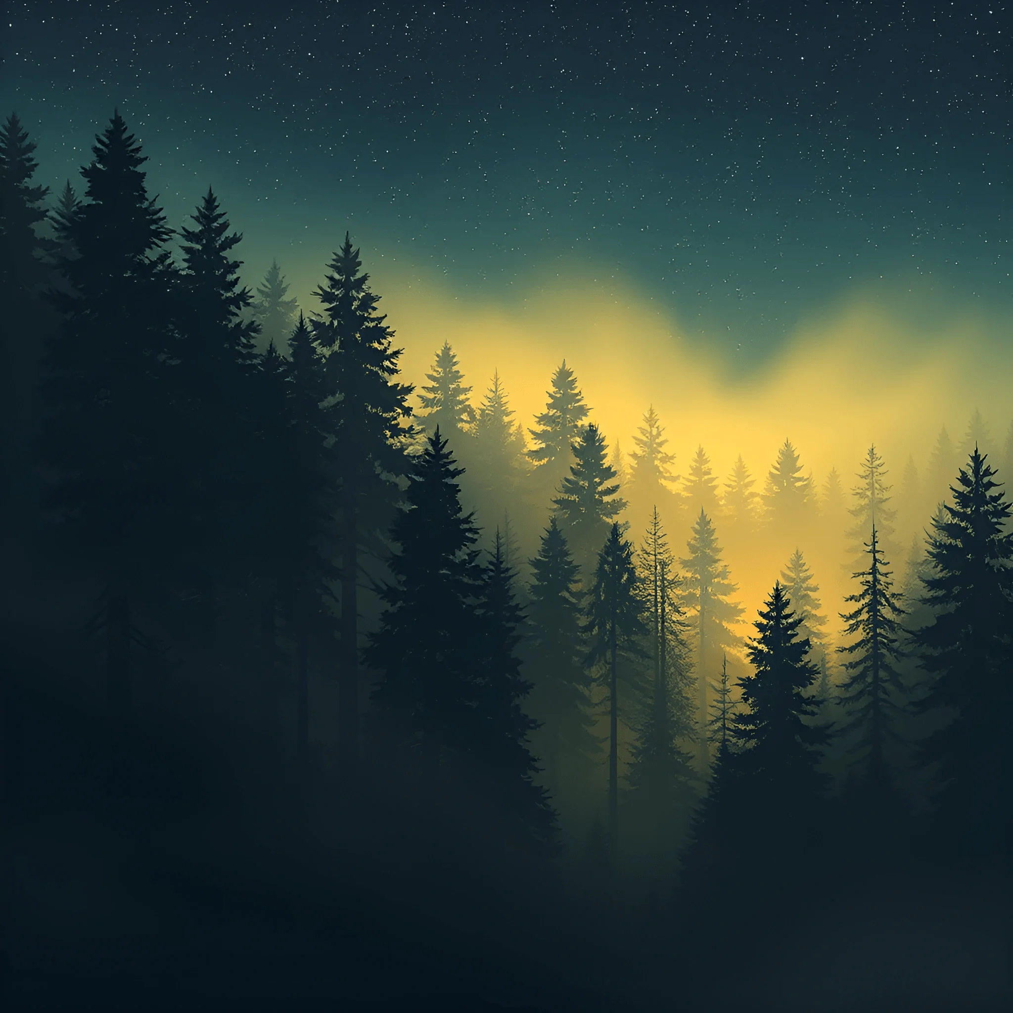 Misty Pine Forest at Night with Starry Sky - Free Download - AI Scribbles