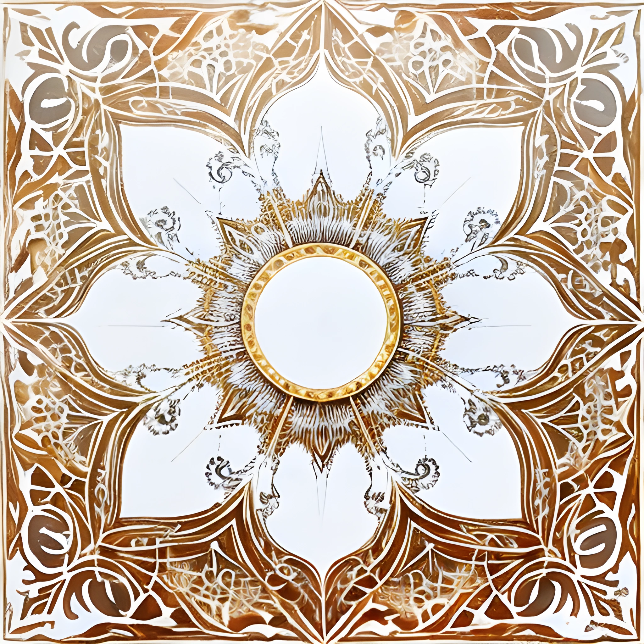 a close up of a decorative tile with a gold and white flower