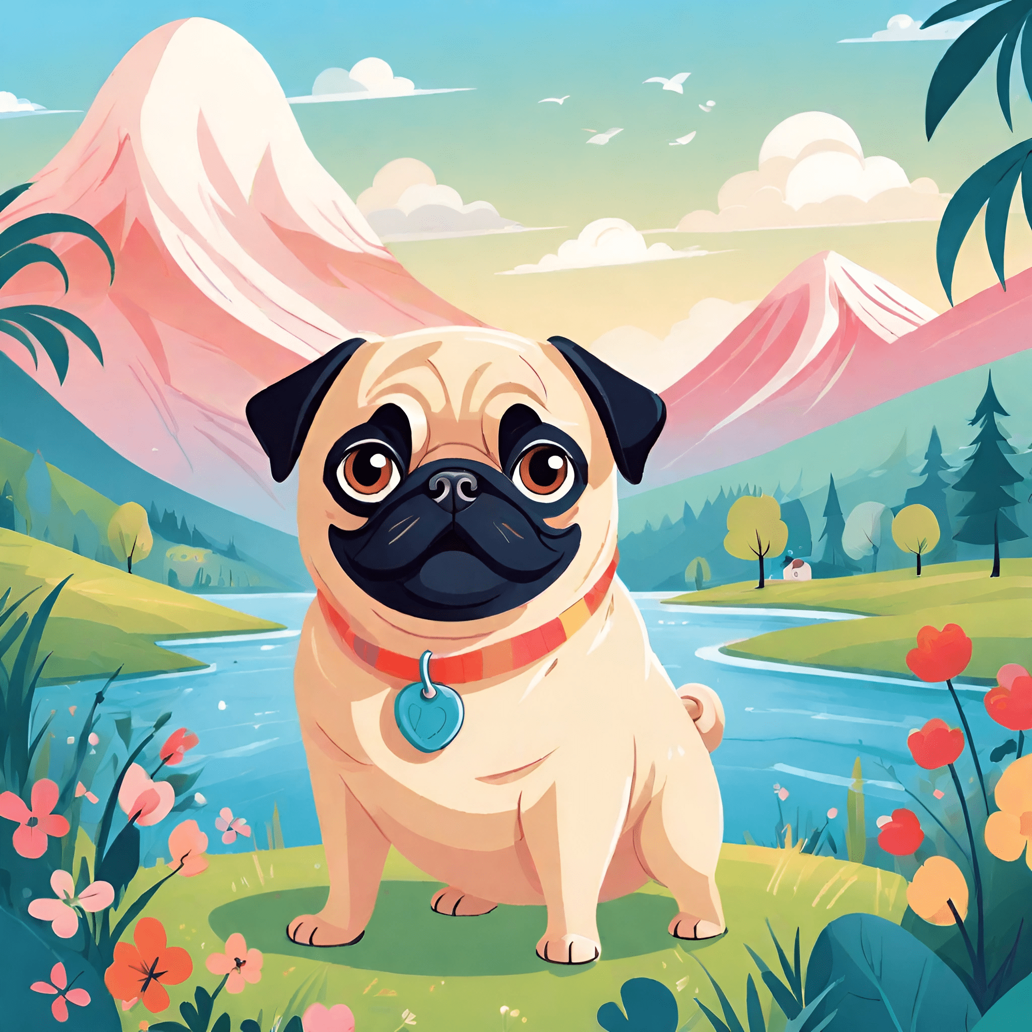 Pug Cartoon Spring Cute Pug in a Cartoon Landscape - Free Download - AI Scribbles