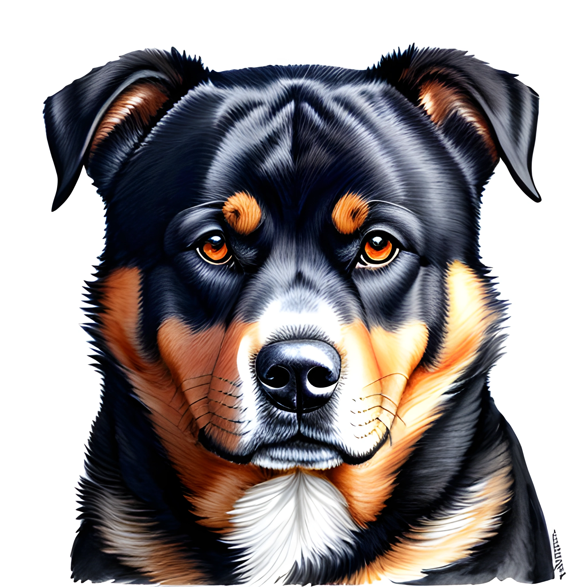 painting of a dog with a black and brown face and orange eyes