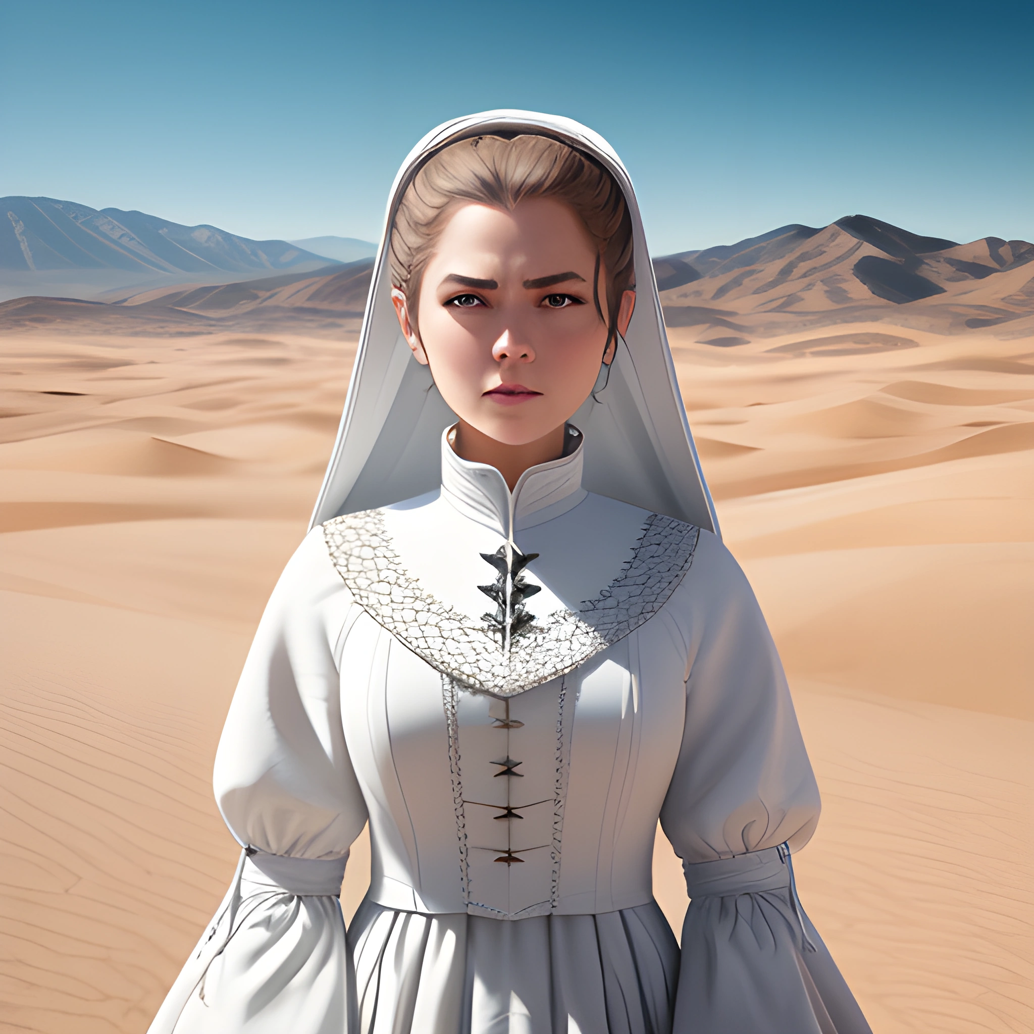 a woman in a white dress and a veil in the desert
