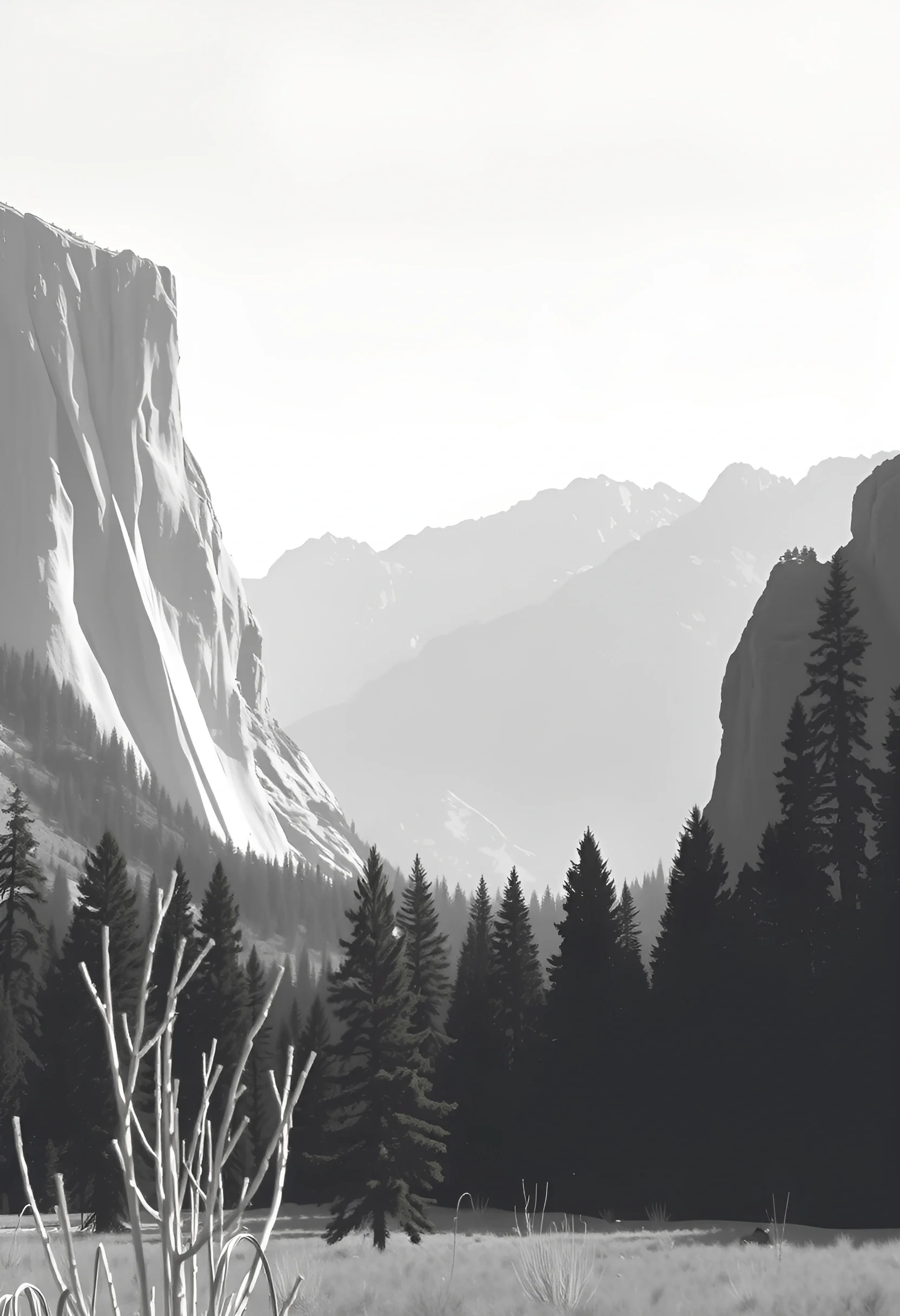 Monochrome Mountain Valley With Pine Trees - Free Download - AI Scribbles